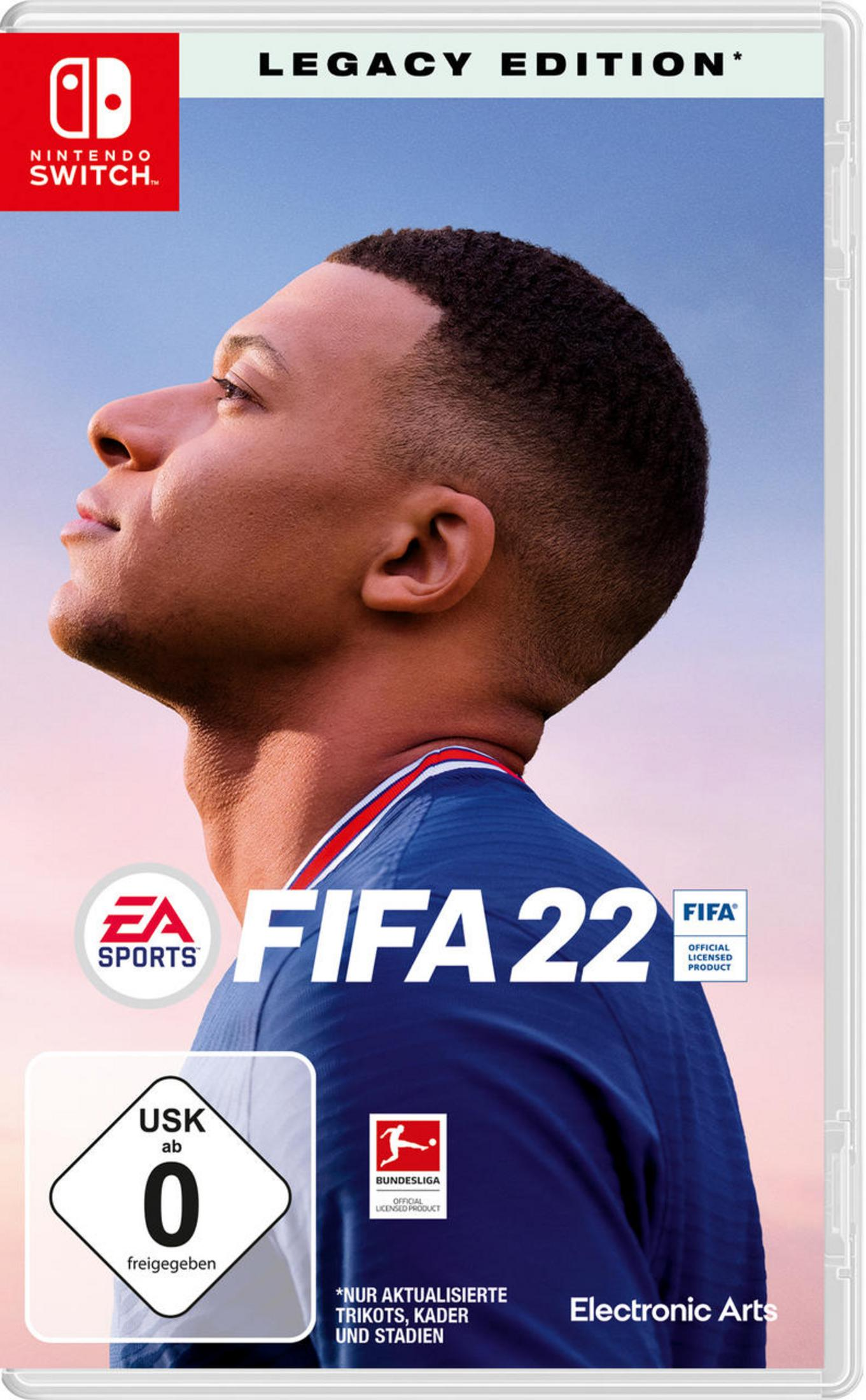 FIFA 22 Legacy Edition für Nintendo Switch. Mit Kylian Mbappé auf dem Cover. USK 0-Rating.