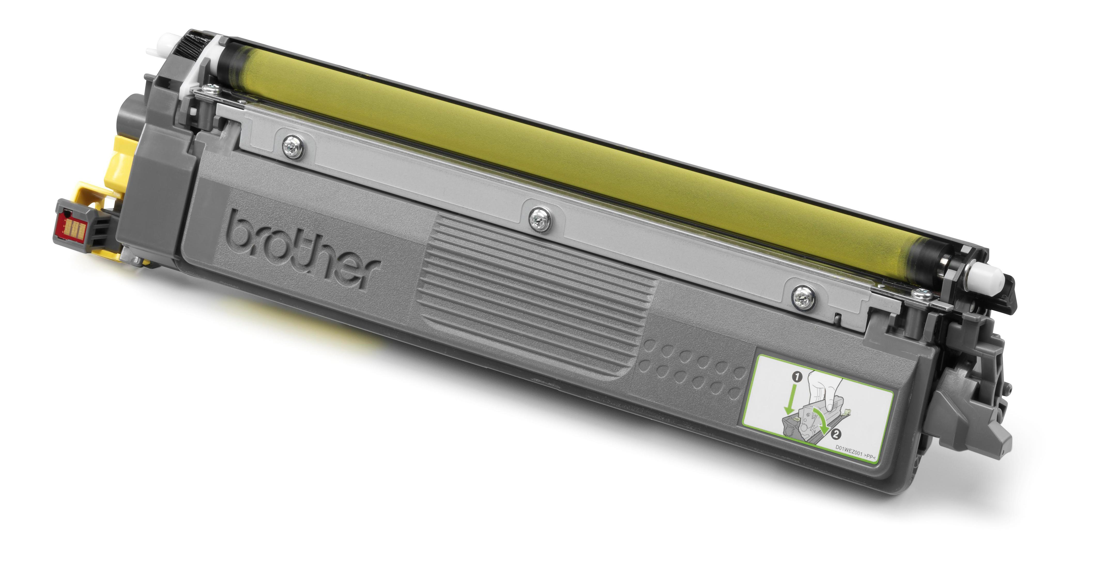 Brother toner cartridge, gray and yellow, with Brother branding and instruction label.