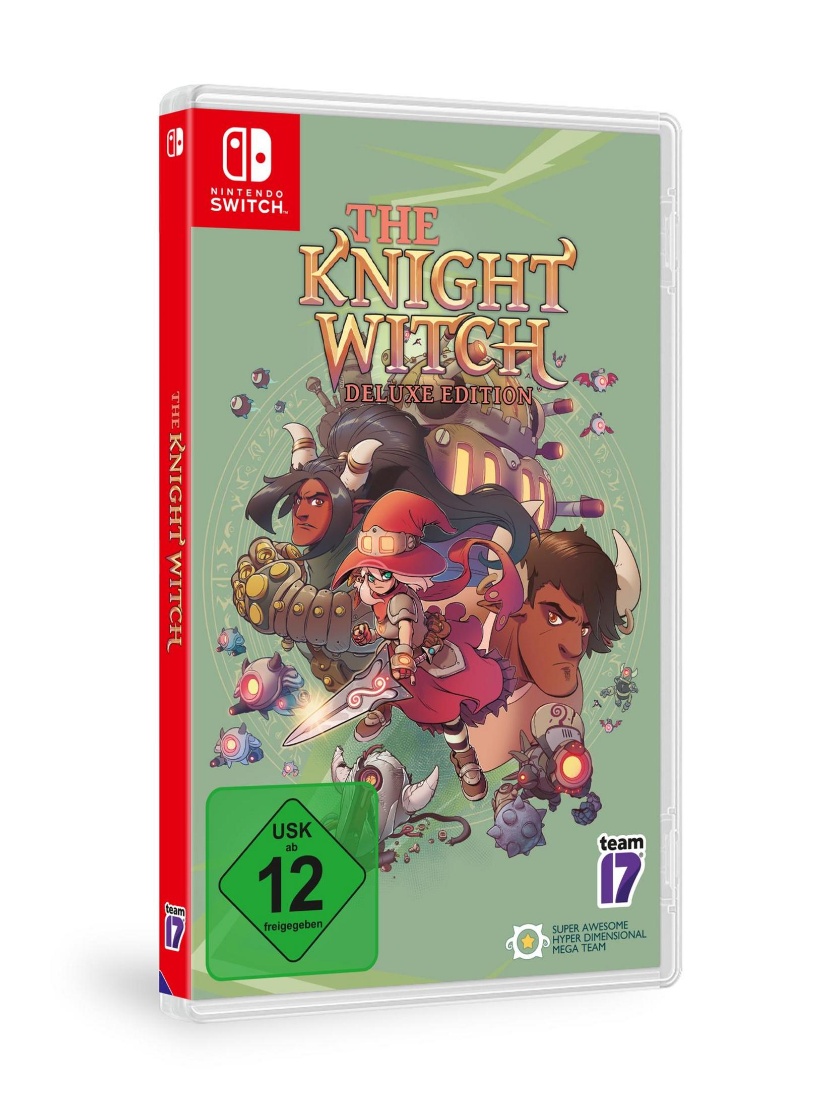 Videospiel-Box-Art für 'The Knight Witch' auf einer Nintendo Switch, mit grünem Hintergrund.
