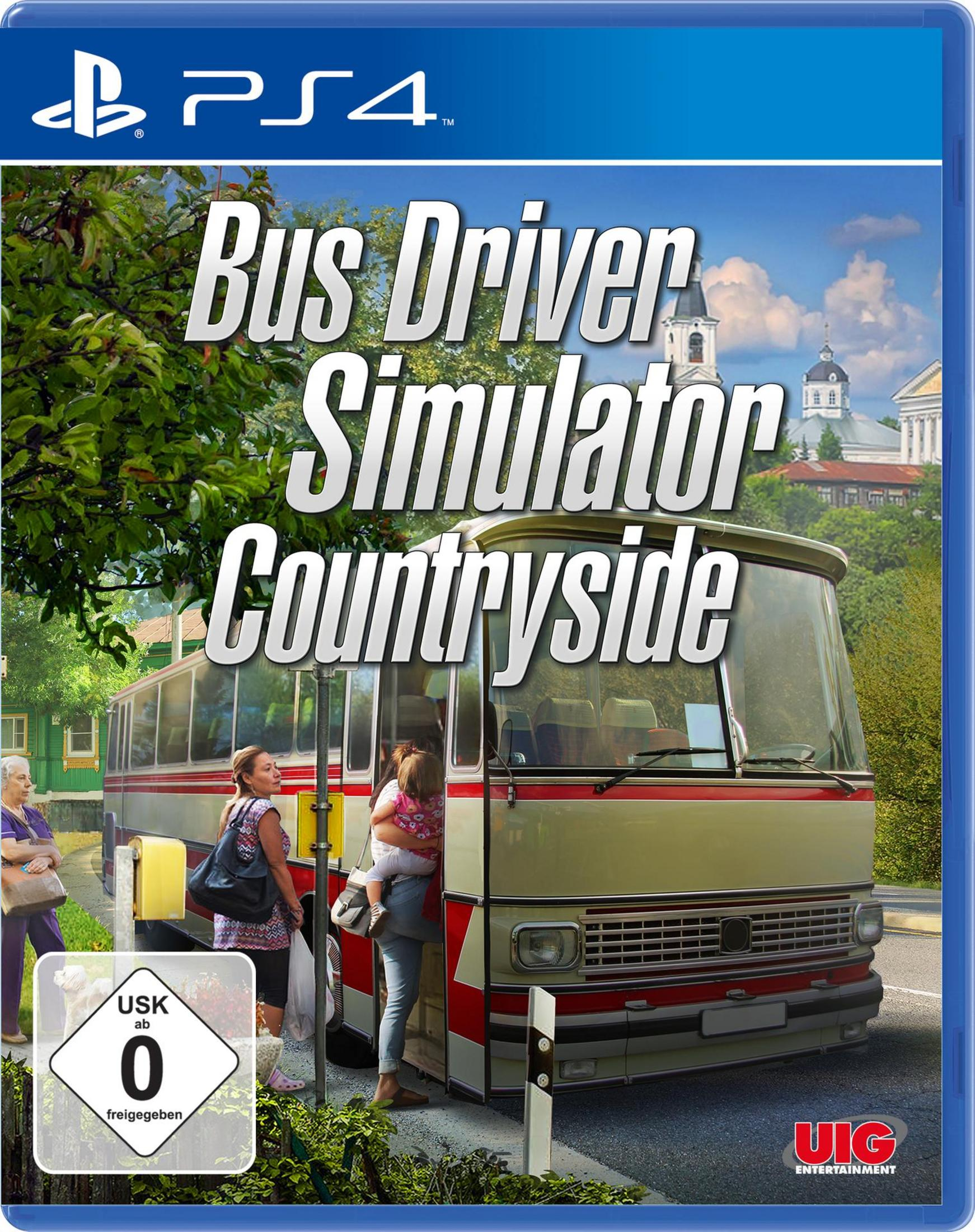Bus Driver Simulator Spielbox zeigt einen Bus mit Leuten vor einer Stadt.