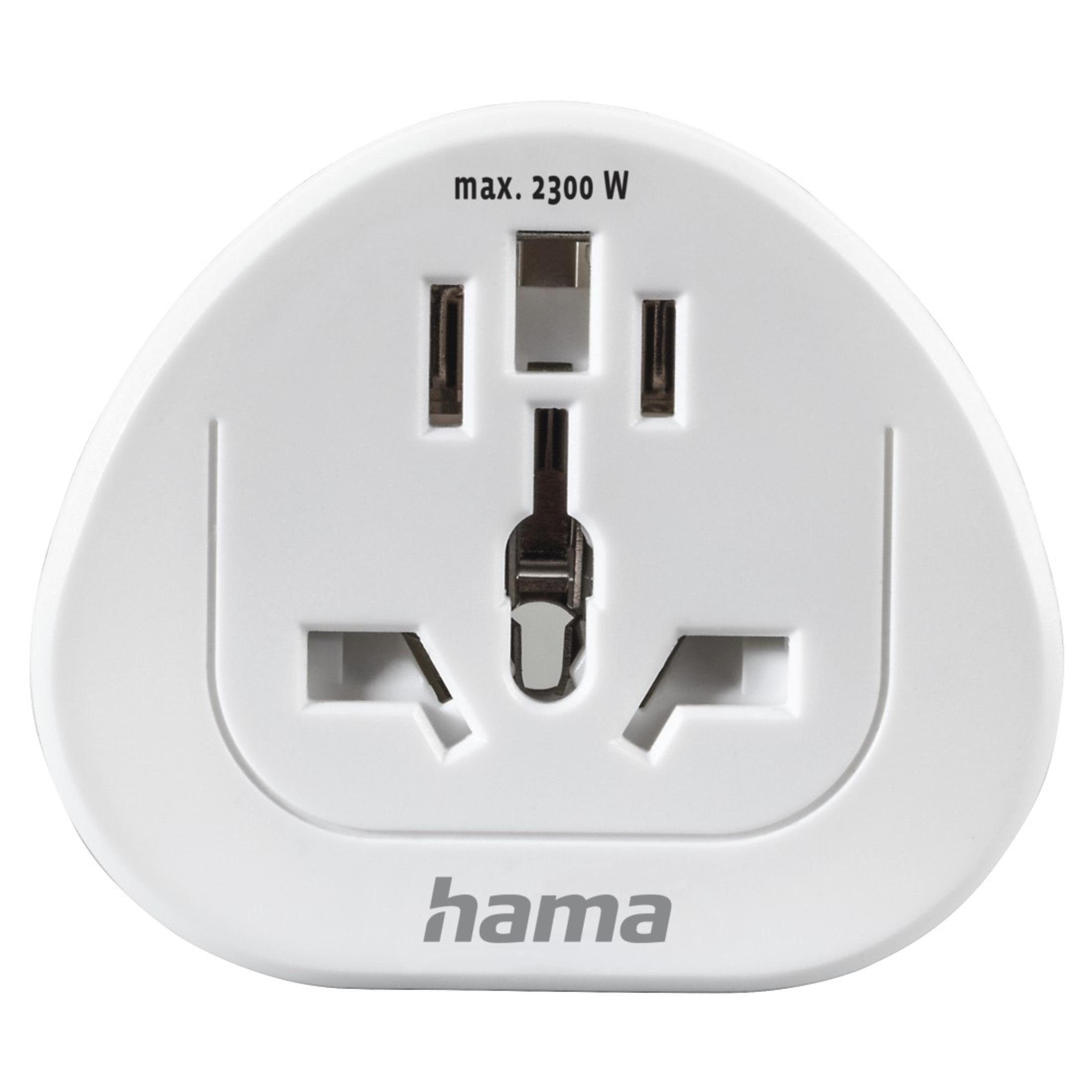 Weißer Reiseadapter mit drei Löchern und dem Wort 'hama' unten.