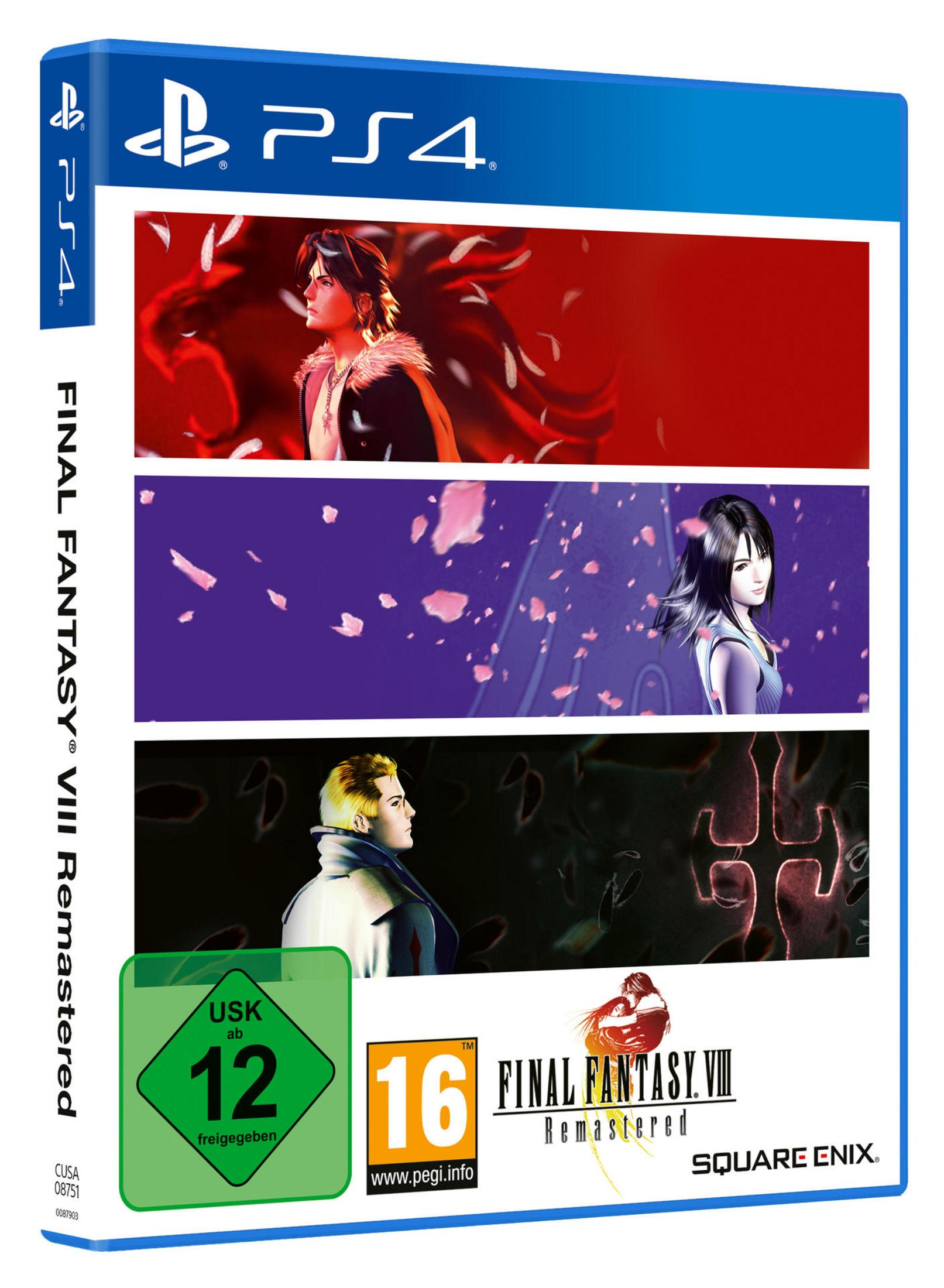 Final Fantasy VIII Remastered PS4-Spielhülle, Cover-Art mit Charakteren, Altersangaben.