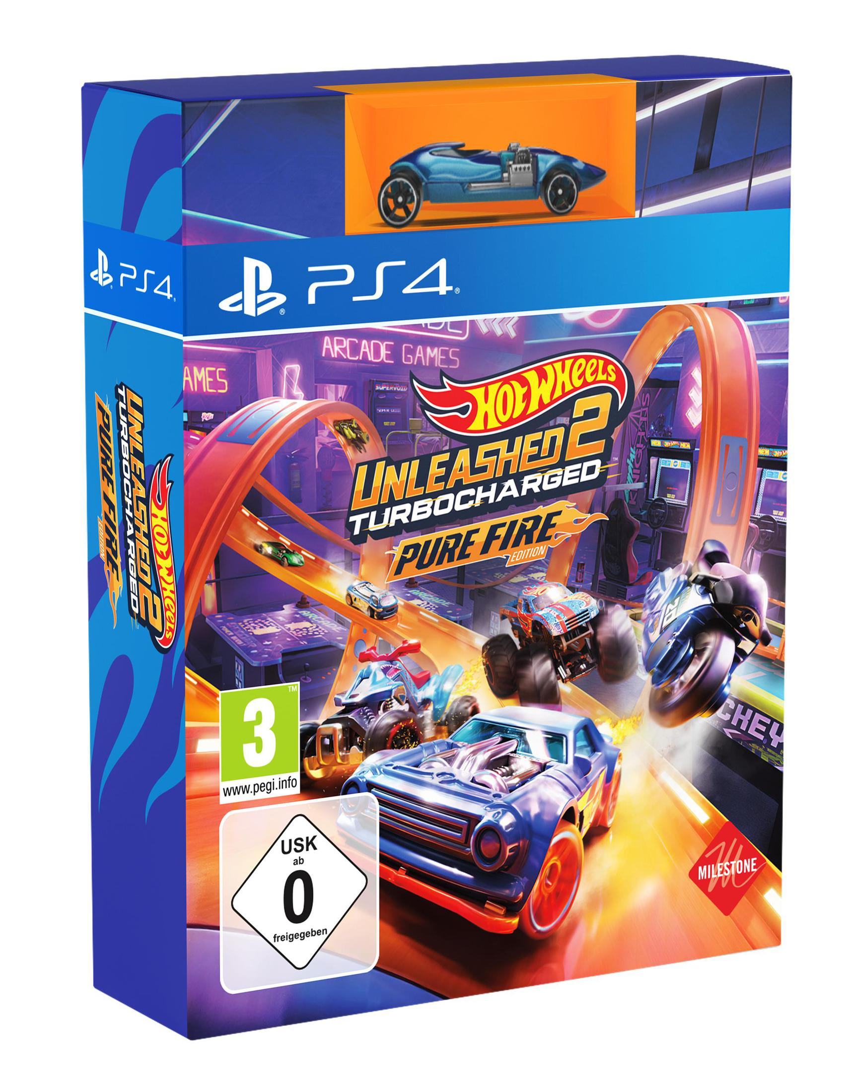 Hot Wheels Unleashed 2 Spielbox für PS4, mit Autos und Spieldetails.