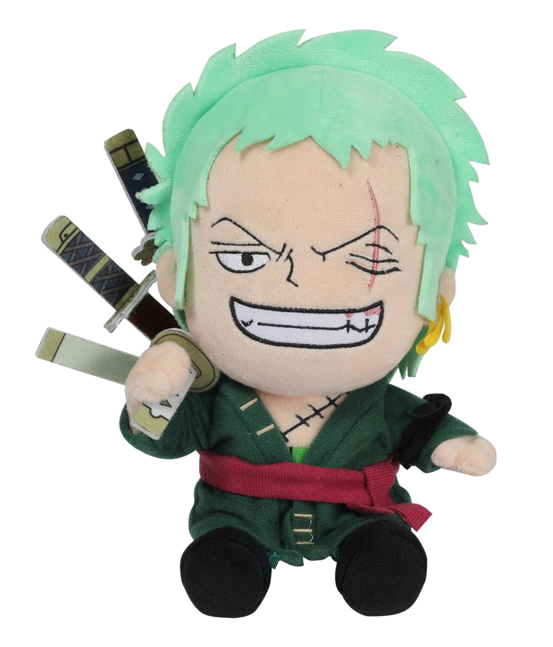One Piece Zoro Plüschtier mit grünen Haaren und drei Schwertern.