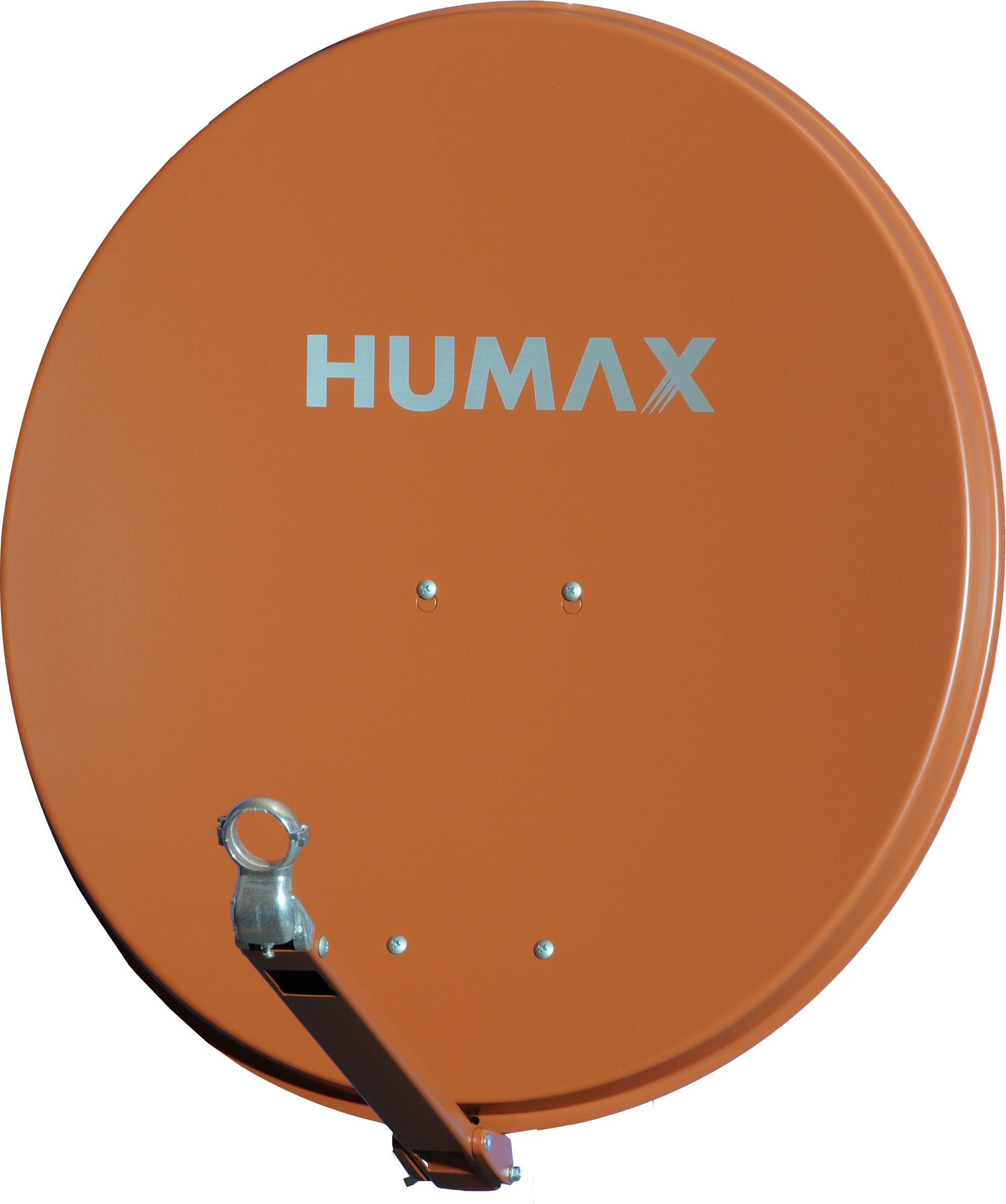 Orangefarbene HUMAX-Satellitenschüssel mit silbernem Markennamen. An einer Halterung montiert.