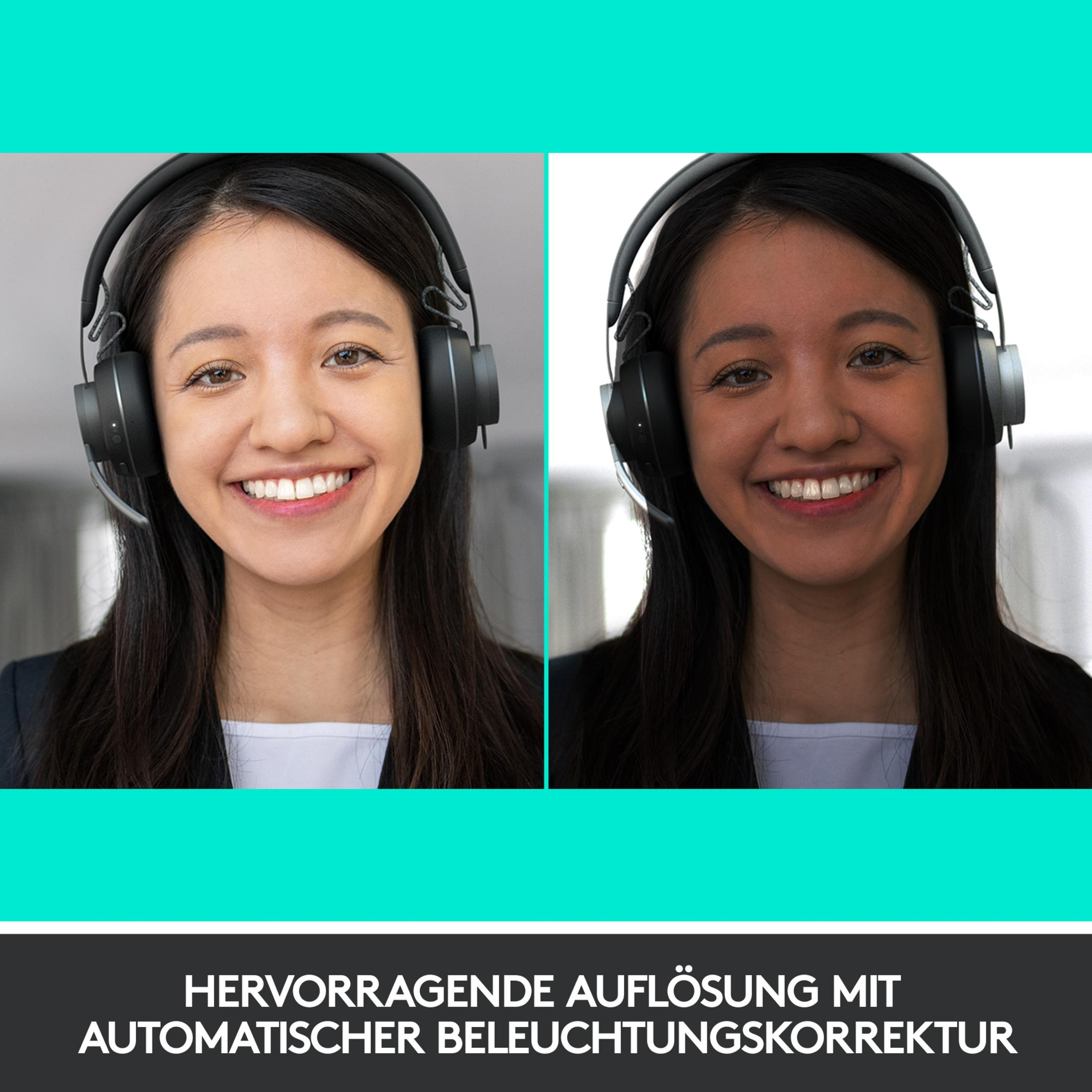 Dwie kobiety w słuchawkach. Jedna z normalnym oświetleniem, drugi obraz jest zaciemniony. Tekst na dole.