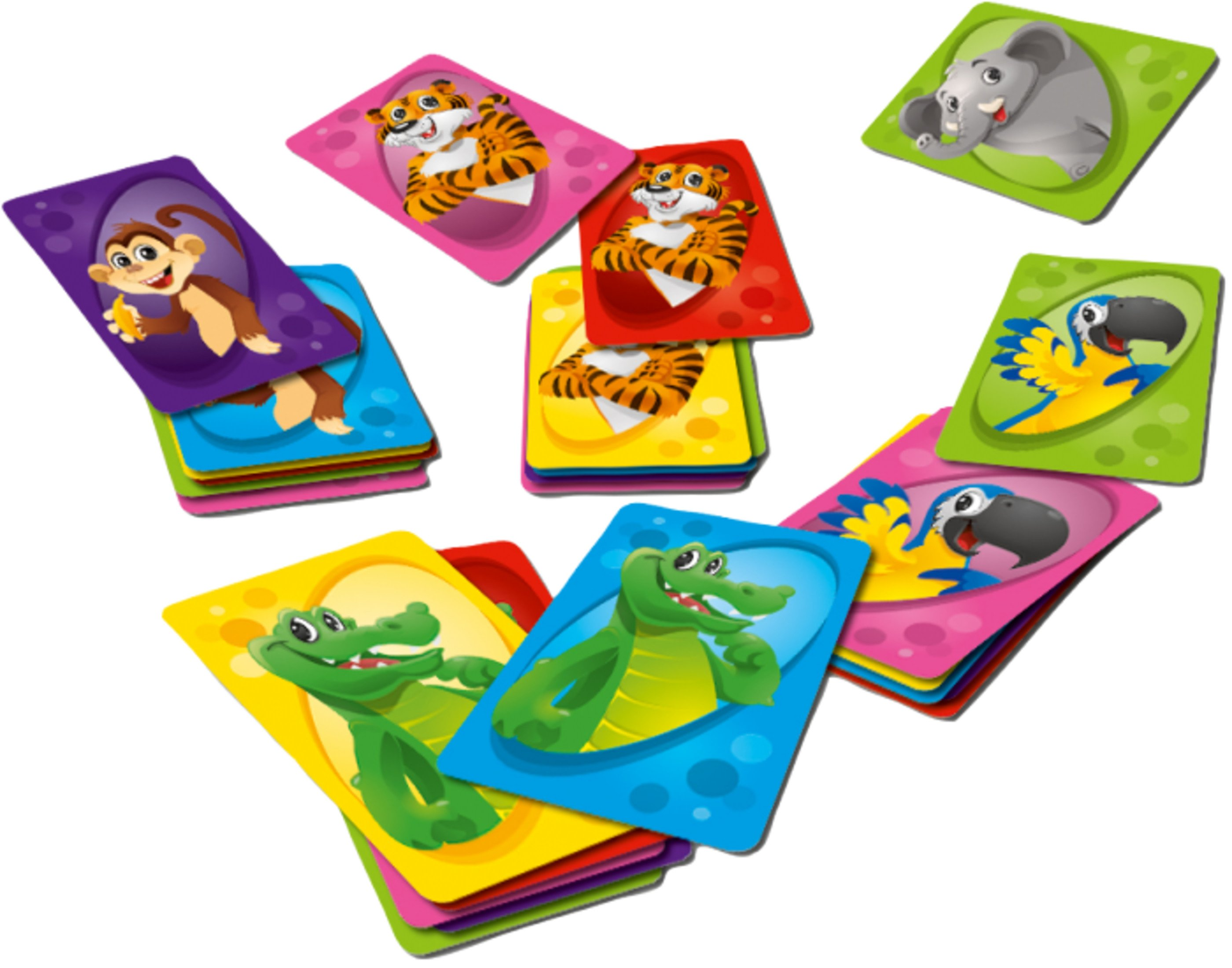 Cartes à jouer avec des animaux de dessins animés, couleurs variées, éparpillées.