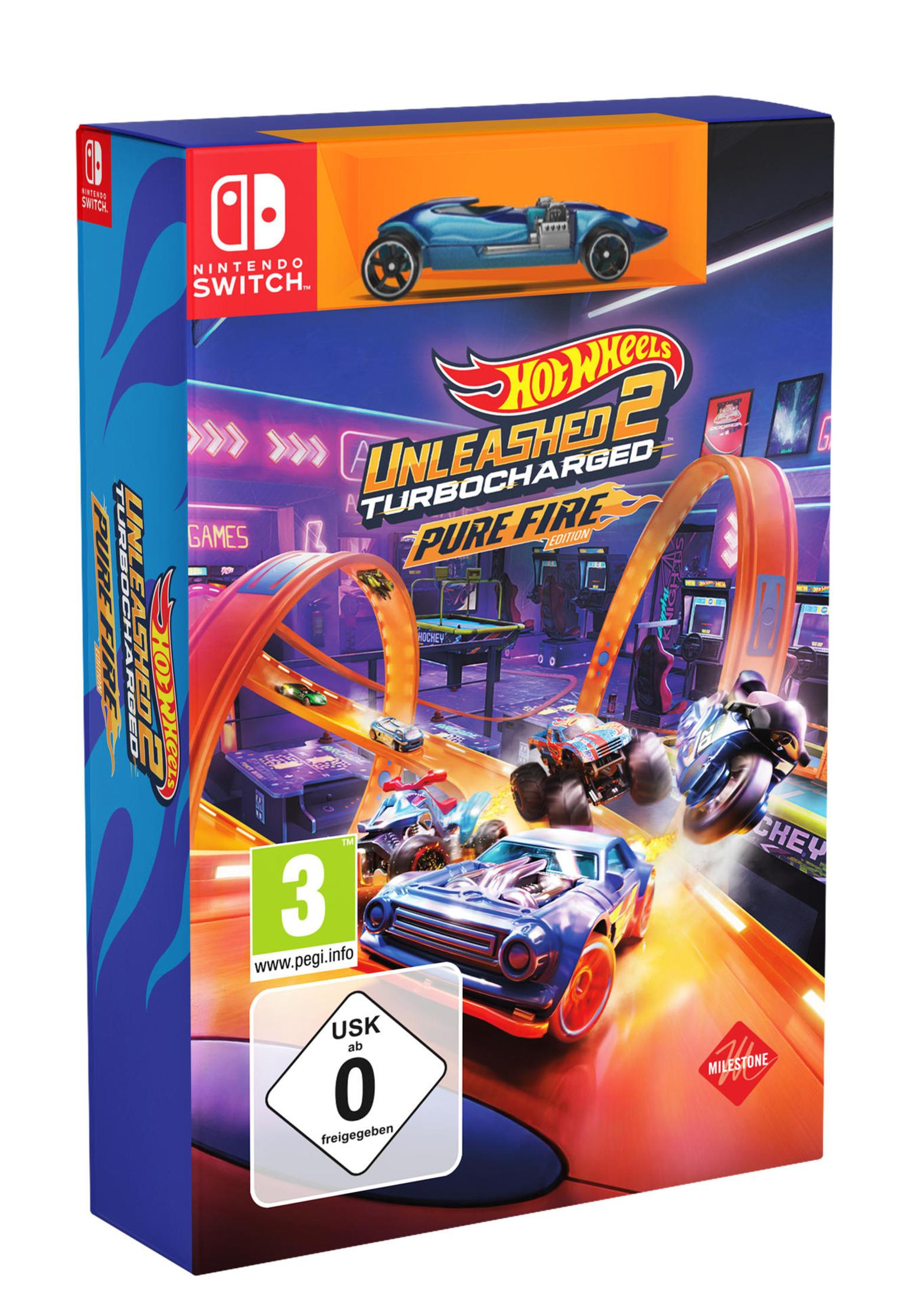 Spielbox für Hot Wheels Unleashed 2. Es zeigt eine Autorennszene mit einer blau-orangenen Strecke.
