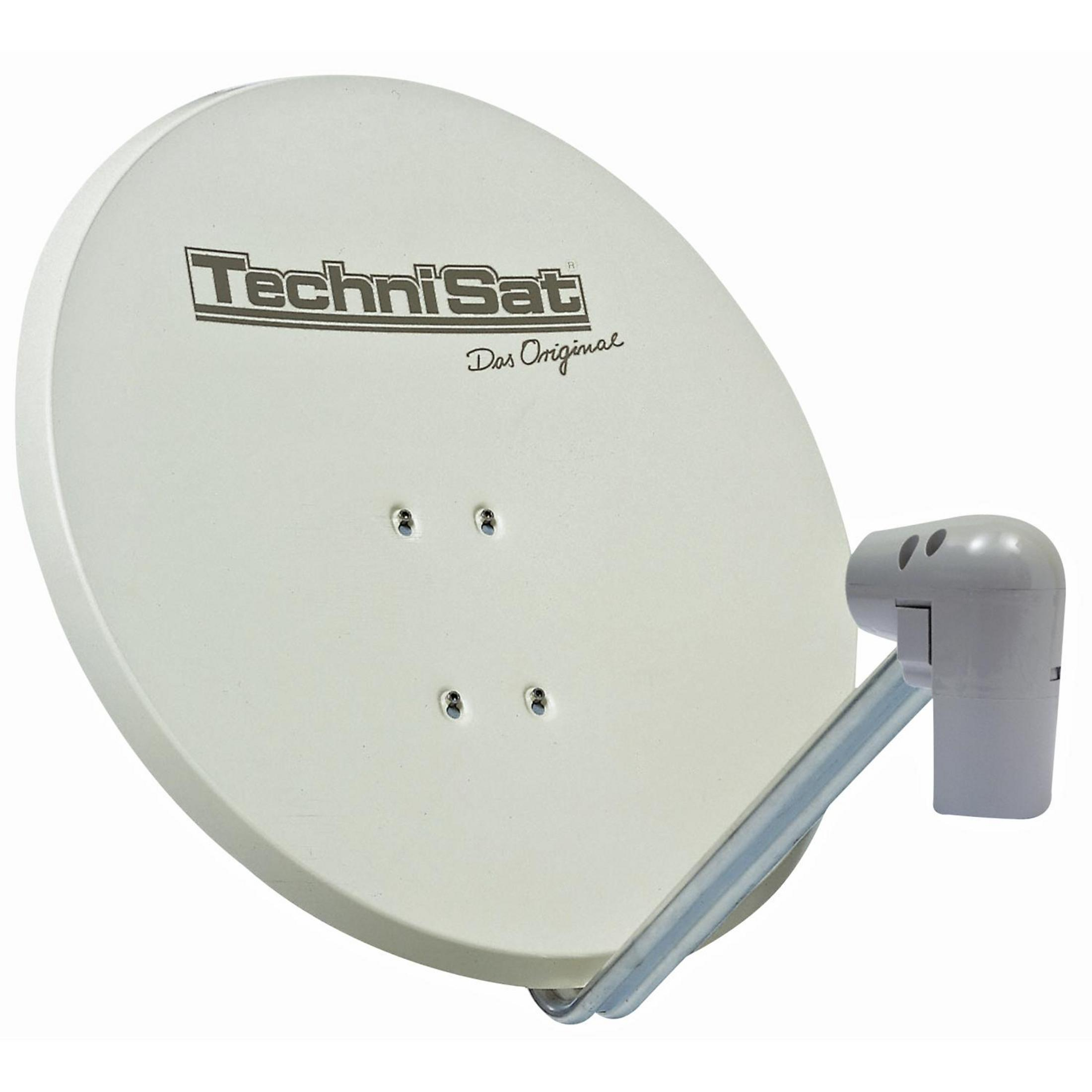 Weiße Satellitenschüssel mit grauem LNB-Arm, vor weißem Hintergrund.
