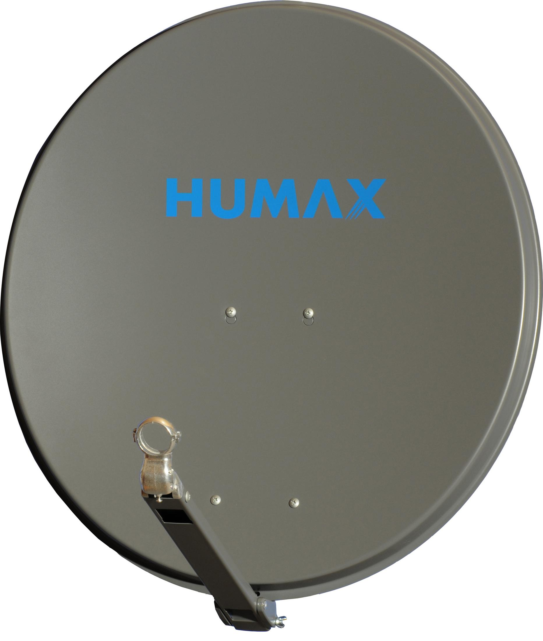 Eine graue Humax-Satellitenschüssel mit dem Humax-Logo in Blau auf weißem Hintergrund.