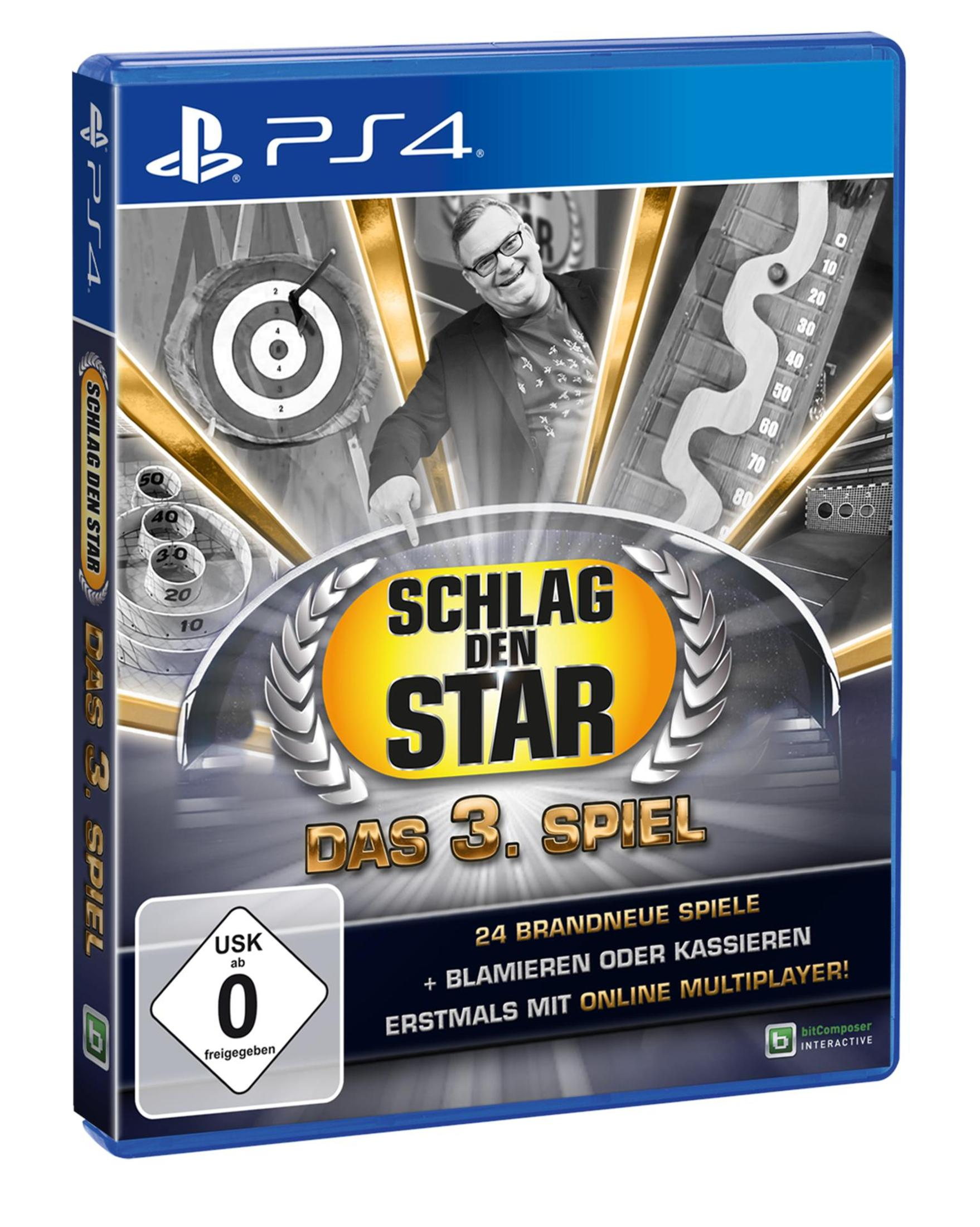 Das Cover des Spiels 'Schlag den Star' für PS4. Ein Mann zeigt auf Ziele.