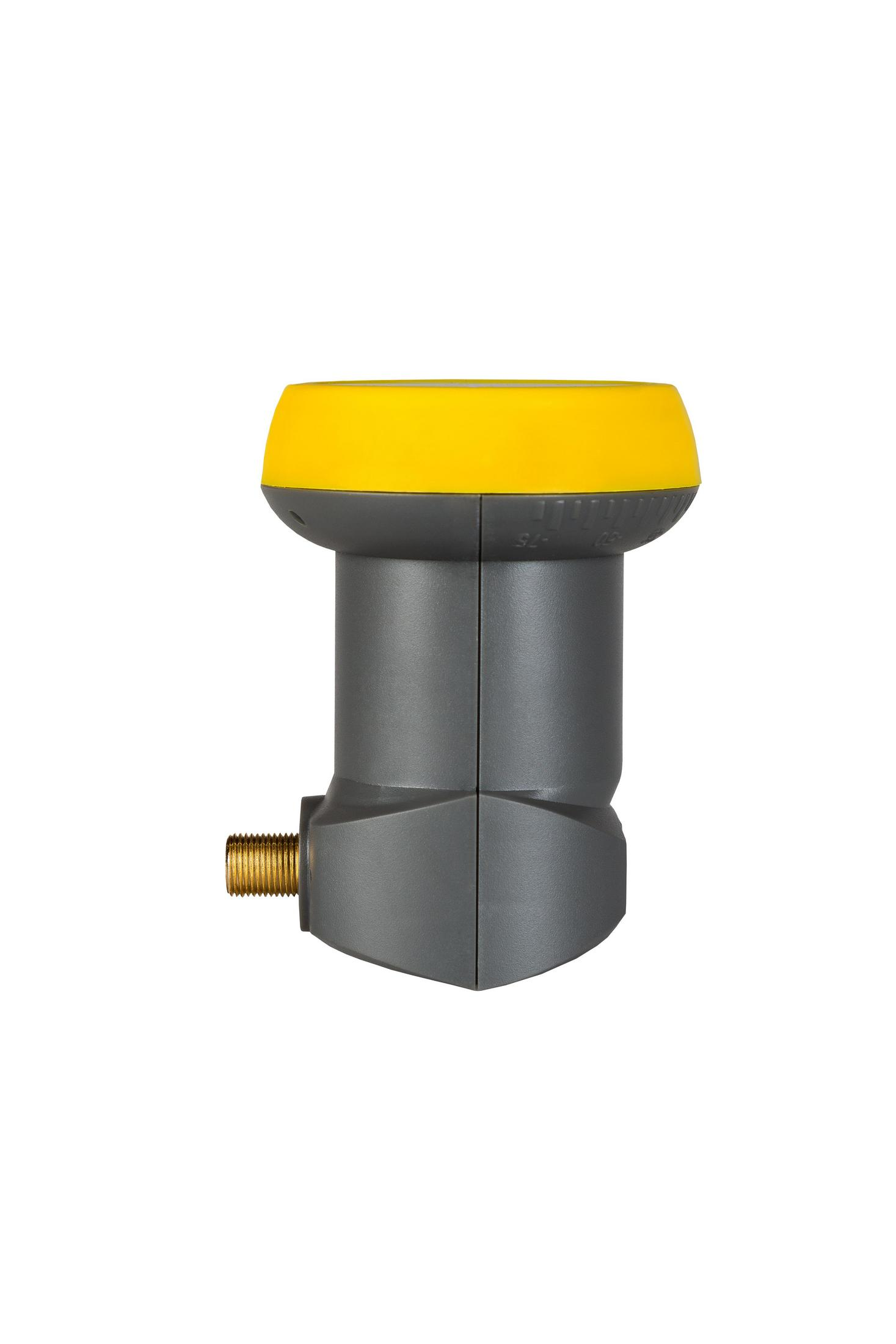 Ein Satelliten-LNB mit gelbem Oberteil und grauem Gehäuse, isoliert auf Weiß.
