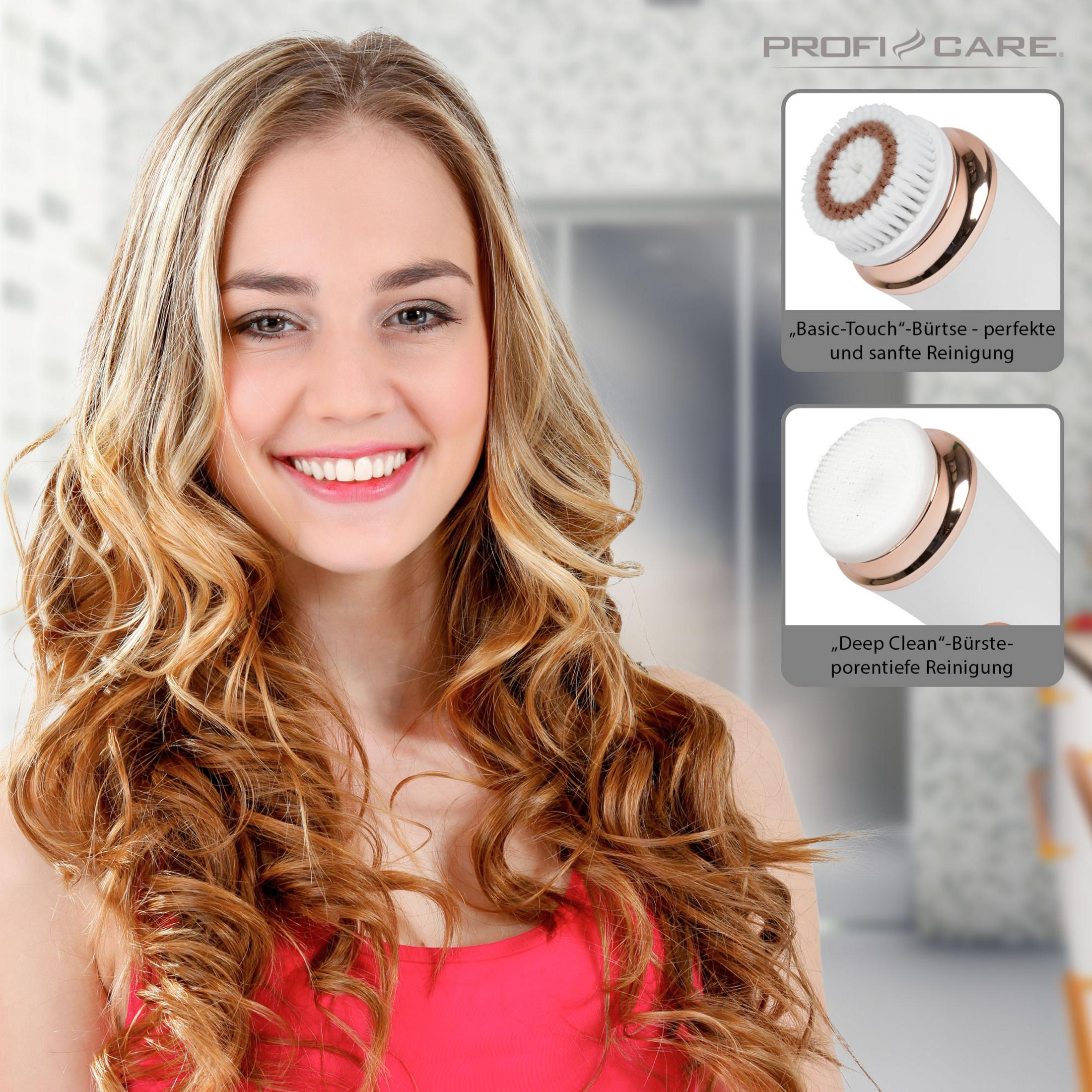 Uśmiechnięta kobieta trzymająca szczotkę do twarzy, z etykietami i diagramami po prawej.