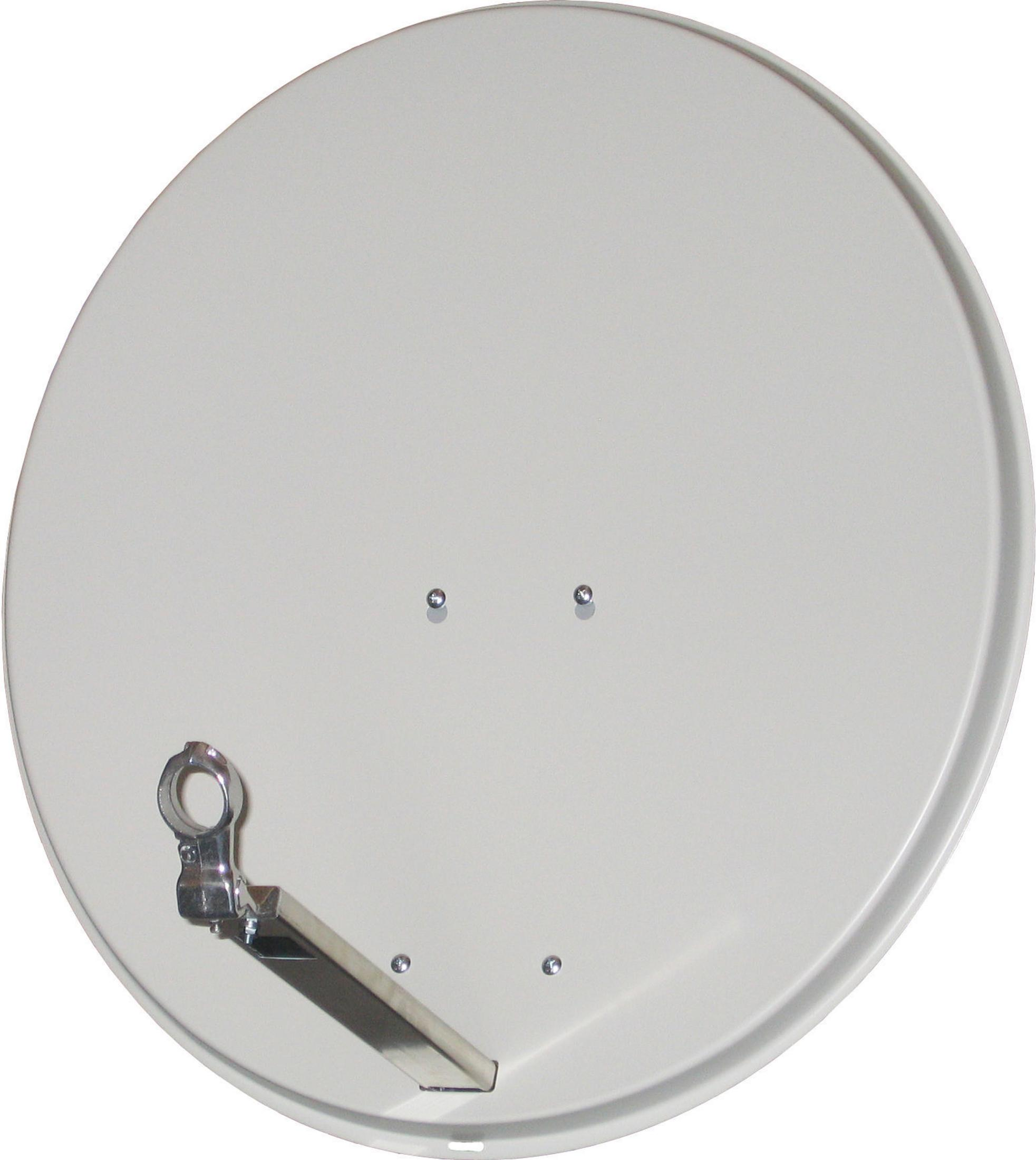 Eine weiße Satellitenschüssel mit Stützarm vor weißem Hintergrund.