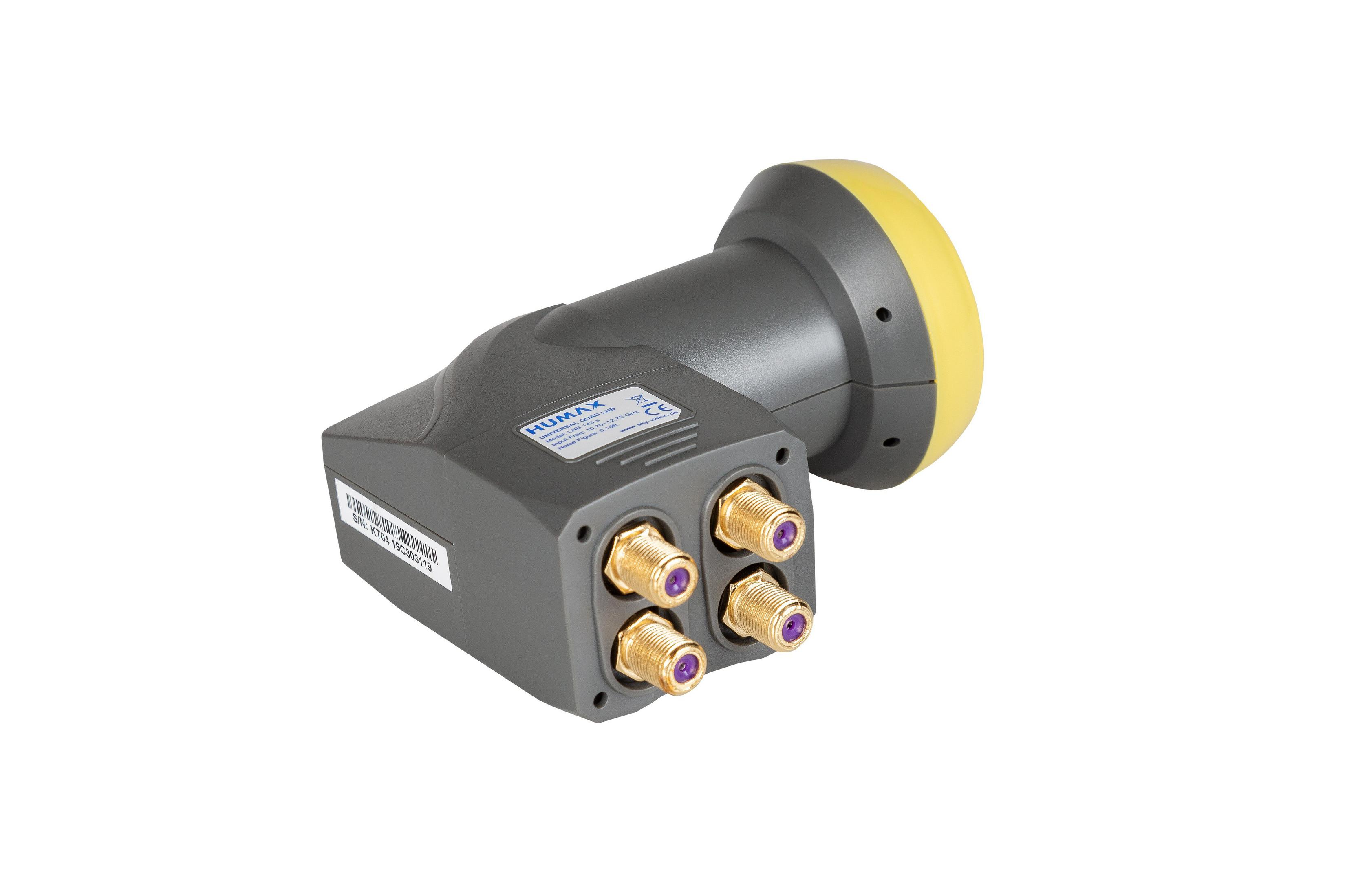 Szary odbiornik satelitarny z czterema złotymi złączami i żółtym zakończeniem. Białe tło.