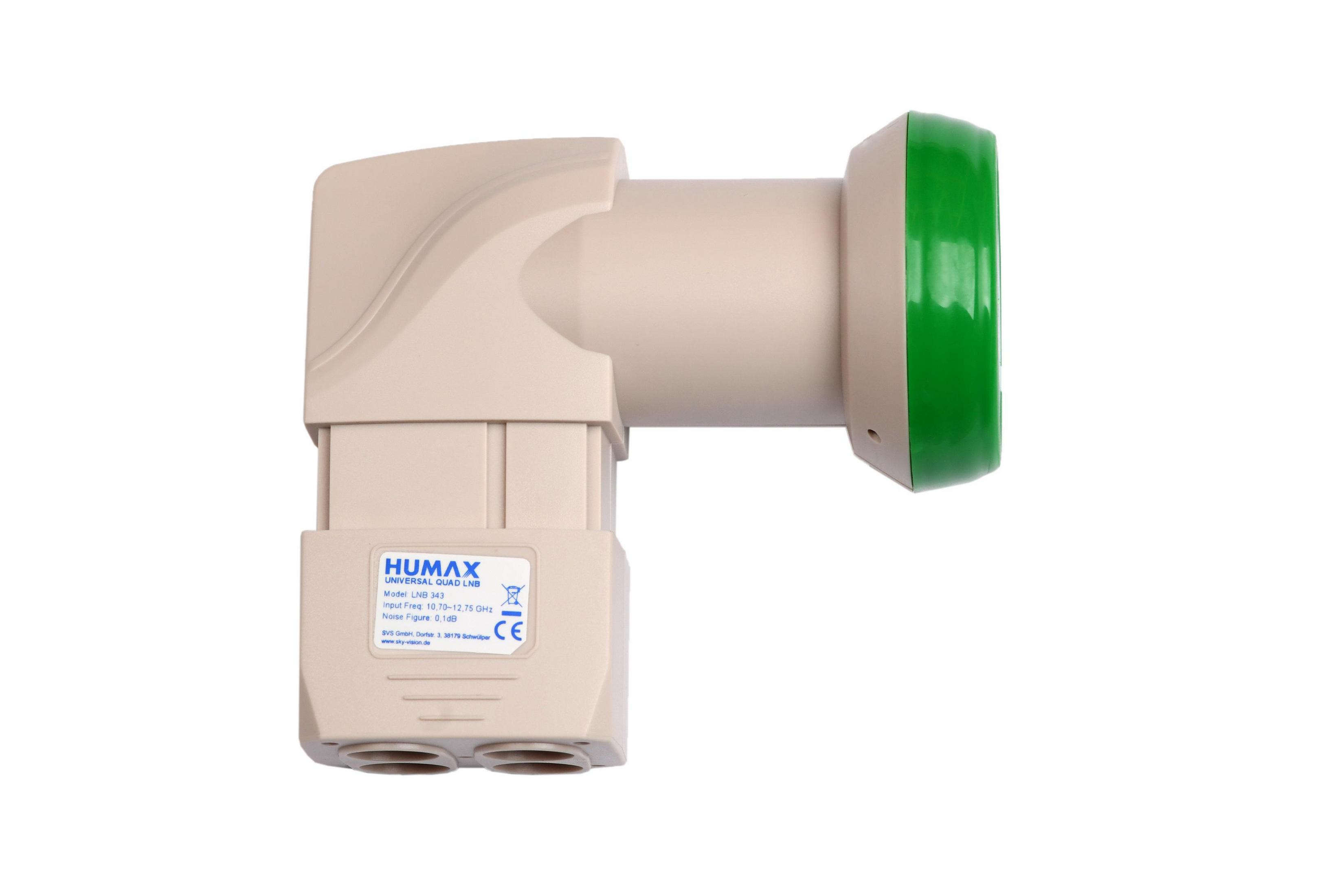 Weißes und beiges Humax LNB. Mit grünem Deckel am Ende. Abgewinkelte Form.