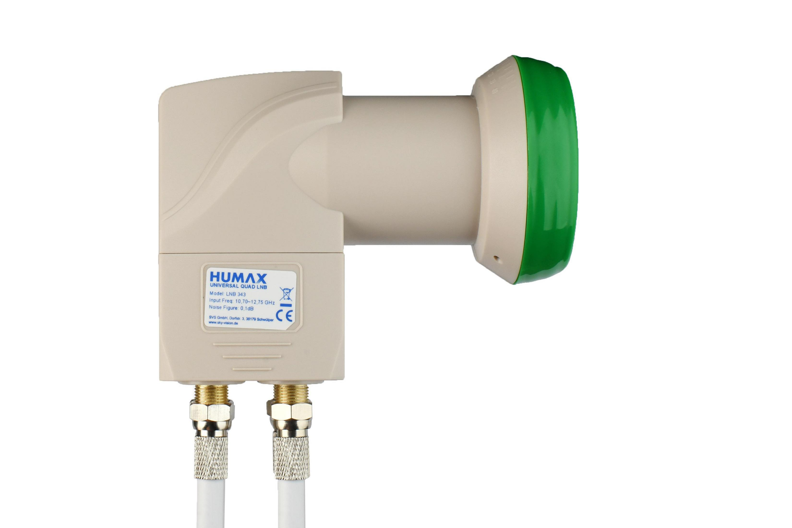 Humax LNB Satellitenempfänger, weißes Gehäuse, grünes Ende, zwei Koaxialkabelanschlüsse, weißer Hintergrund.