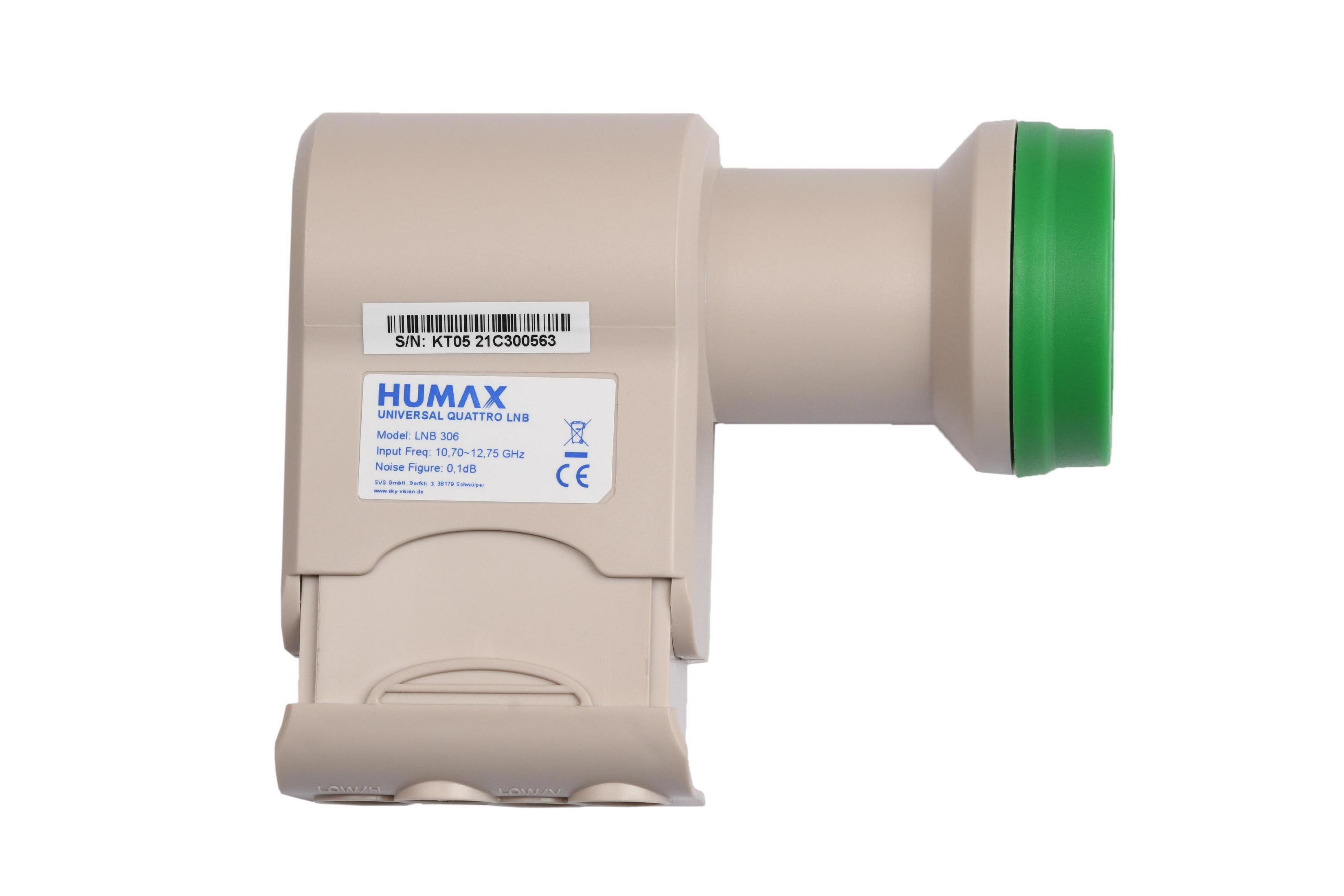 LNB-Gerät. Beige, mit grünem Ende. Das Etikett enthält Markenname, Modell und weitere Daten.