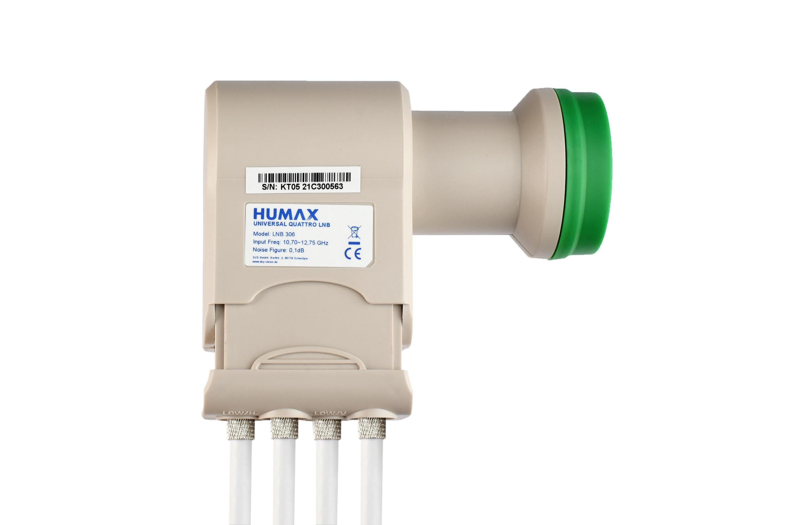 Humax Universal Quattro LNB, beige, grüner Spitze, weißer Hintergrund.