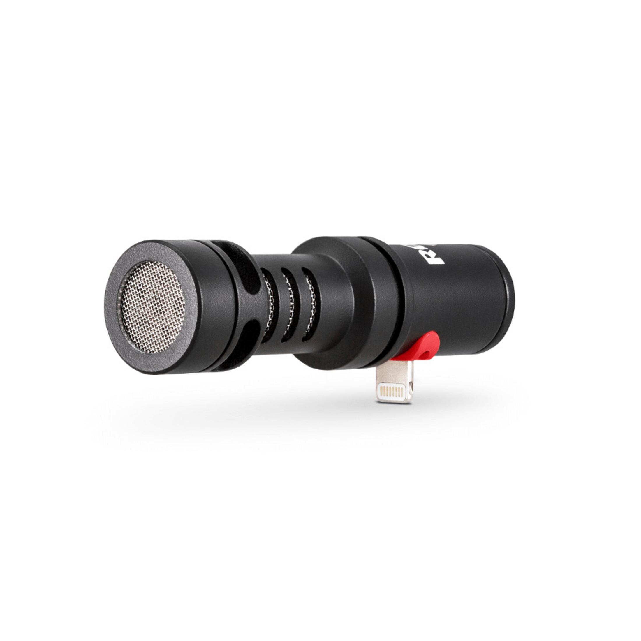 Microfono nero con connettore lightning rosso all'estremità.
