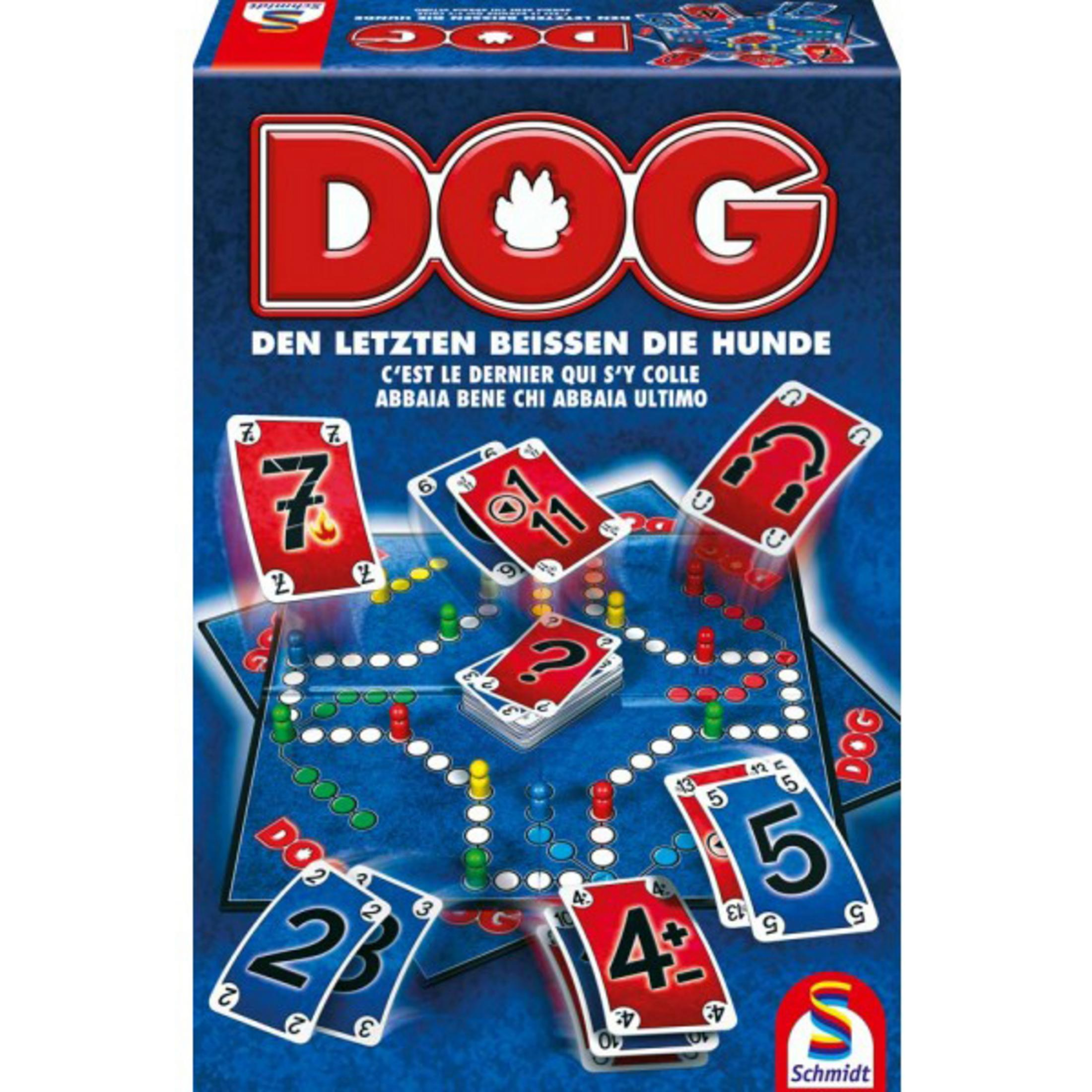 Pudełko z grą planszową z napisem DOG, z kartami do gry i planszą widoczną w środku.