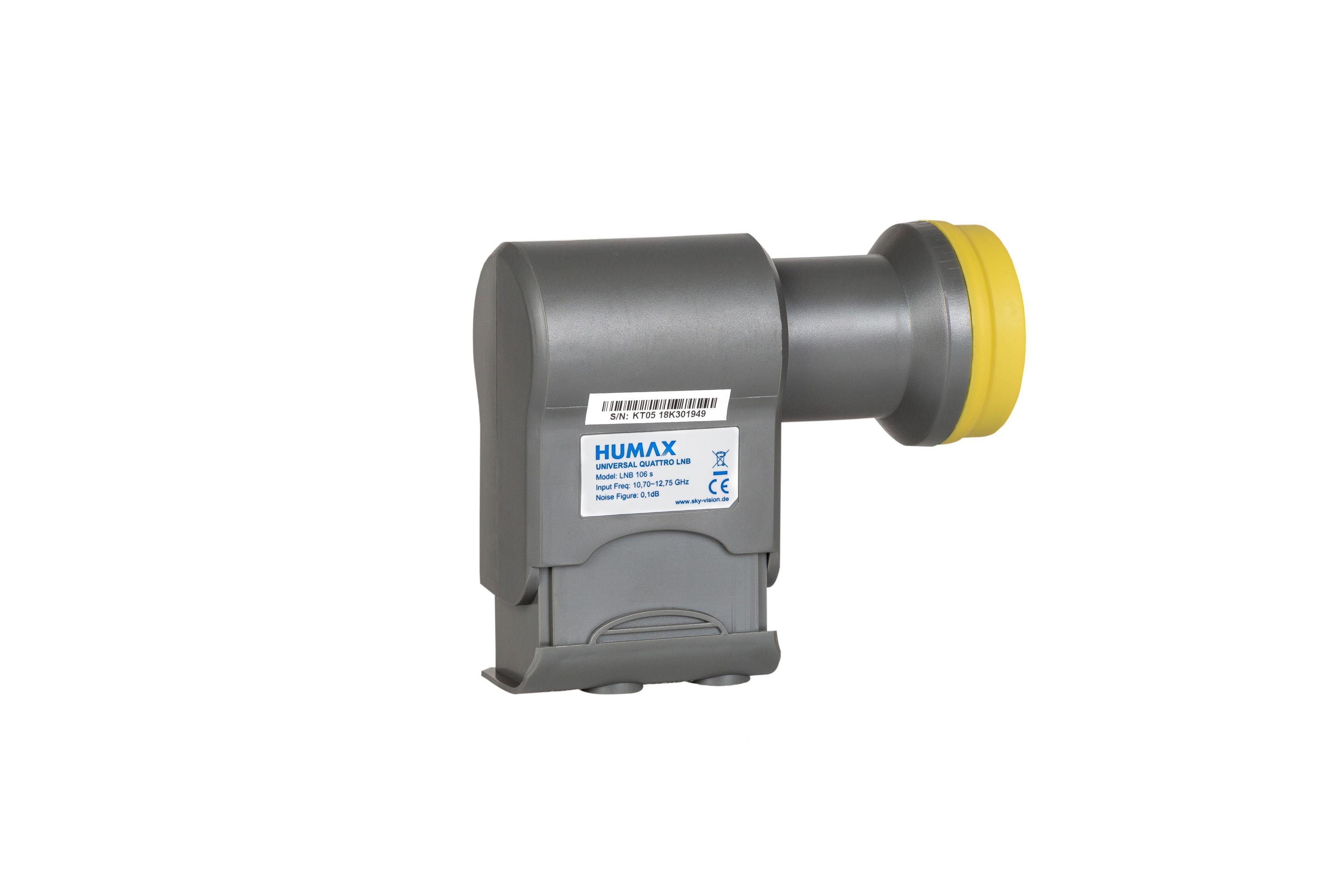 Grauer Humax LNB-Empfänger mit gelbem Ausgang, isoliert auf weißem Hintergrund.