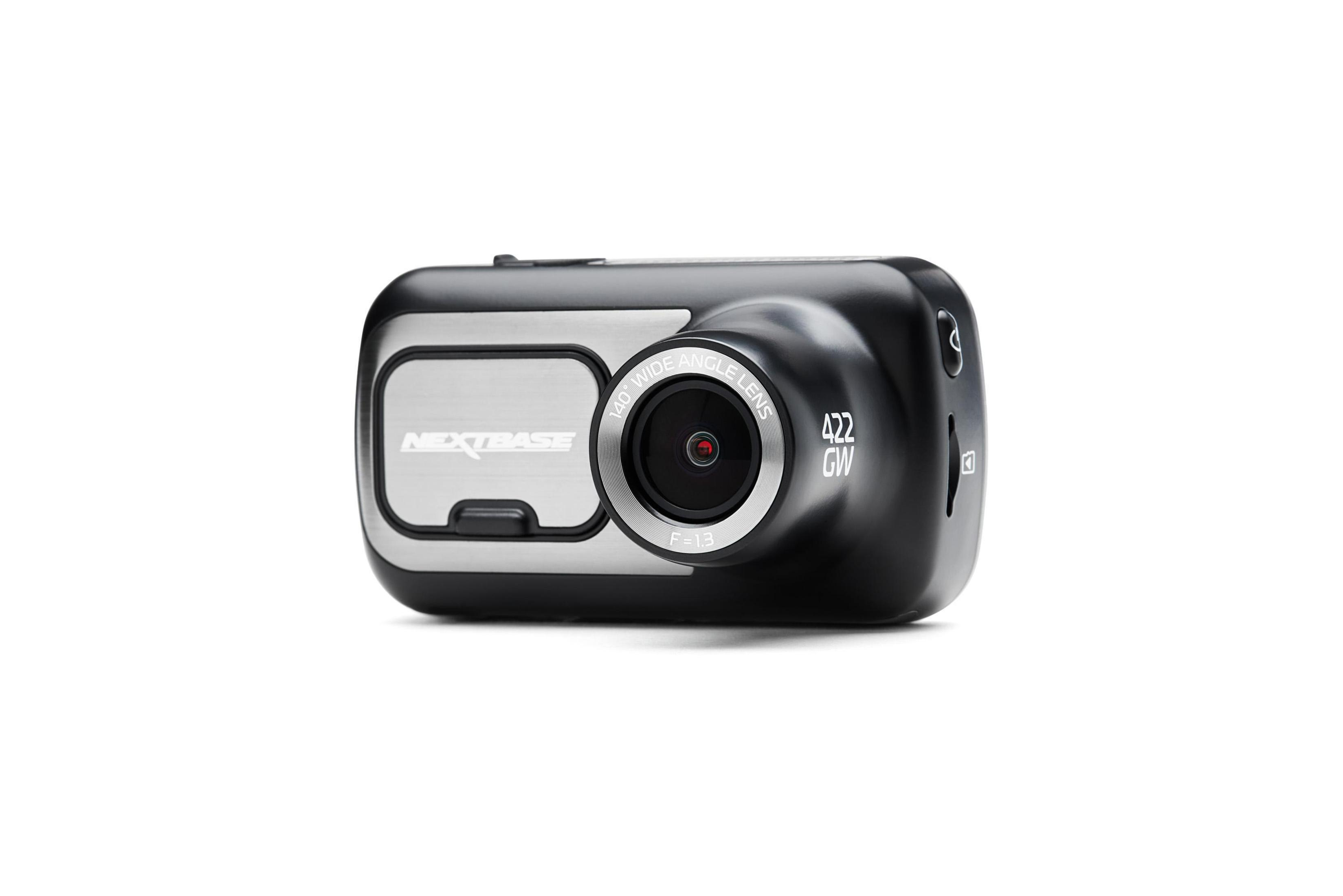 Eine schwarze Dashcam mit Linse und Bildschirm wird auf weißem Hintergrund angezeigt.