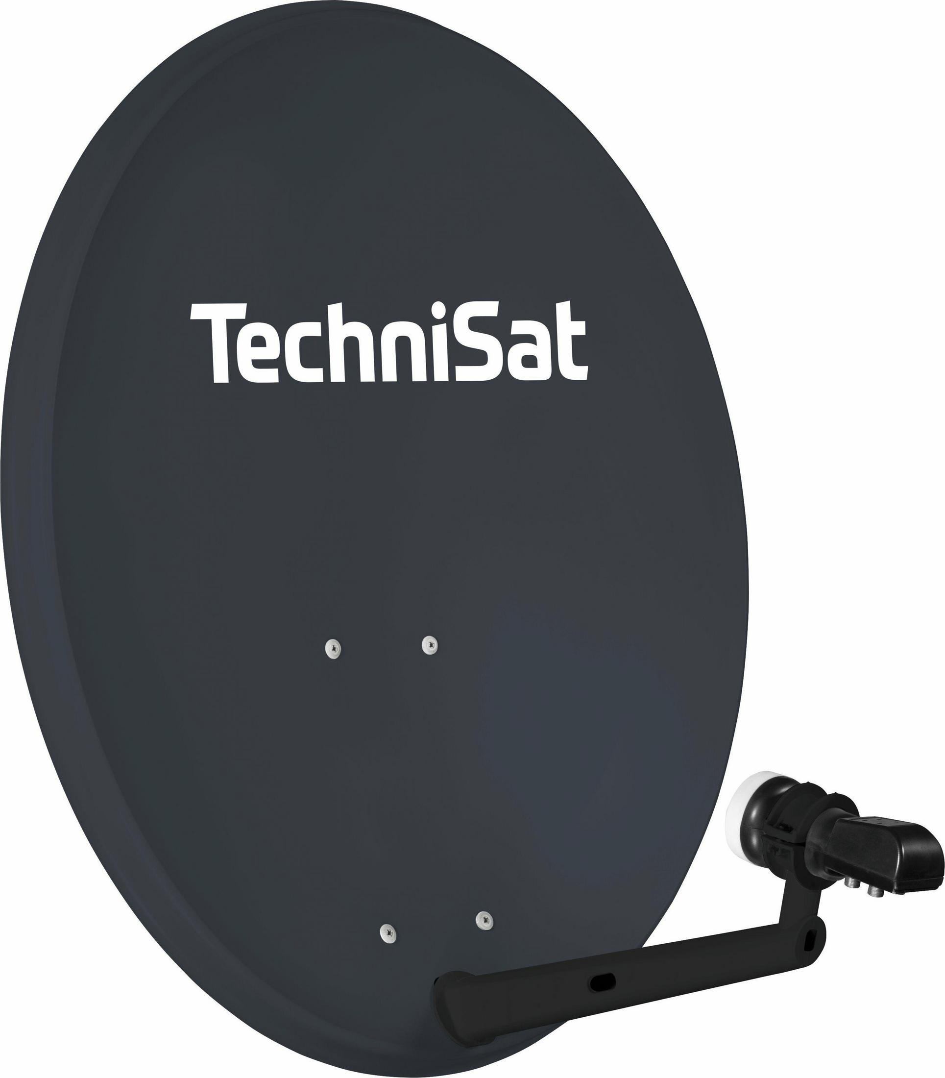 Eine dunkelgraue TechniSat-Satellitenschüssel mit weißem Logo und Antenne.