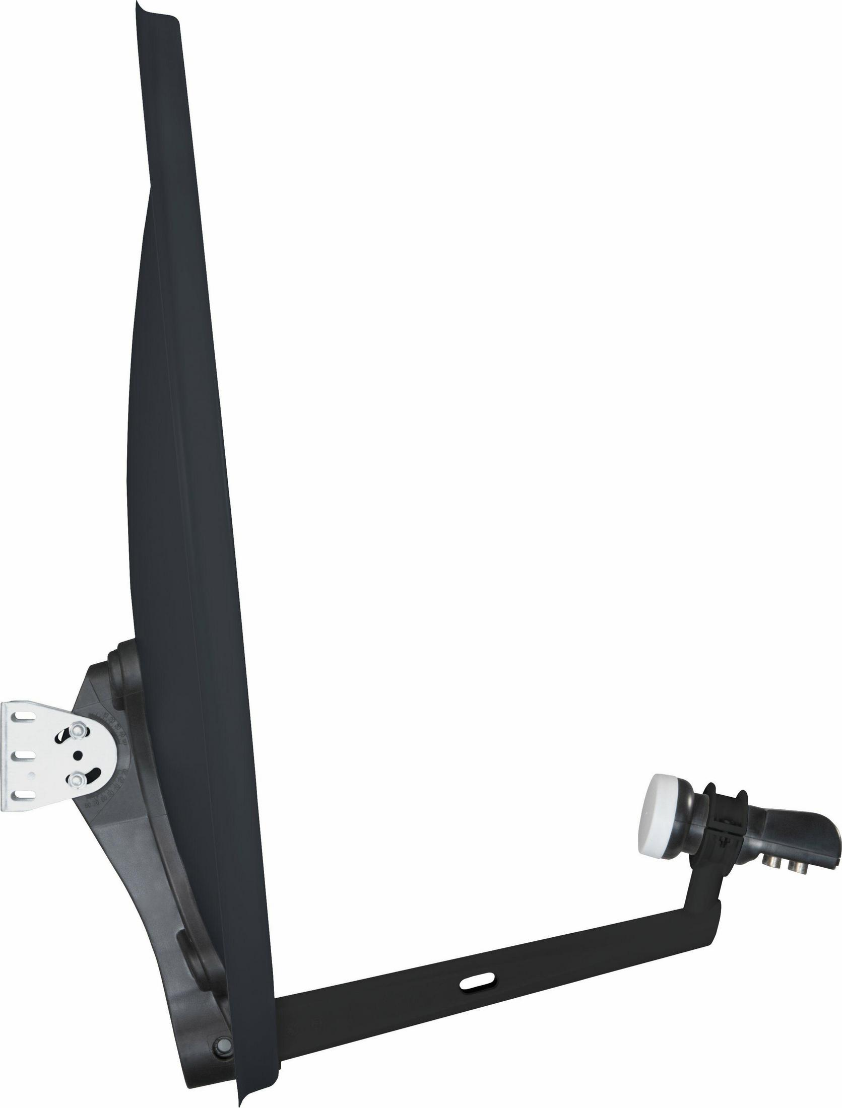 Eine Satellitenschüssel, montiert auf einem schwarzen Träger, mit weißem LNB und grauer Schüssel.