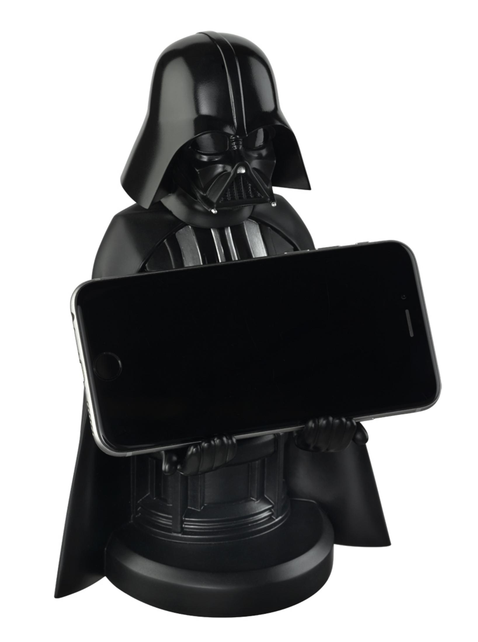 Una figura di Darth Vader che tiene un telefono, con uno schermo nero, su sfondo bianco.