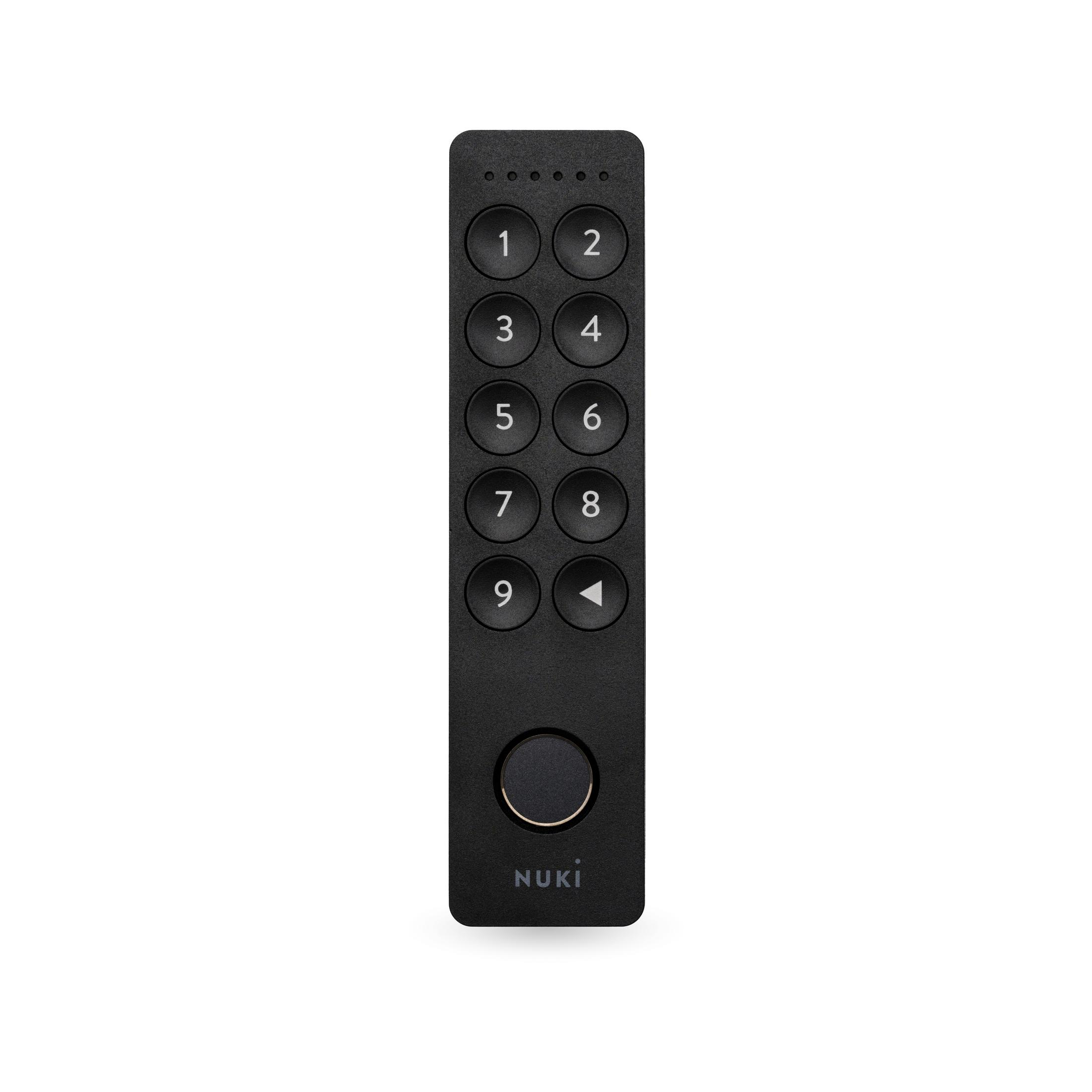 Zwart toetsenbord met de nummers 1-9 en een centrale knop. Het is een Nuki toegangscontrole.