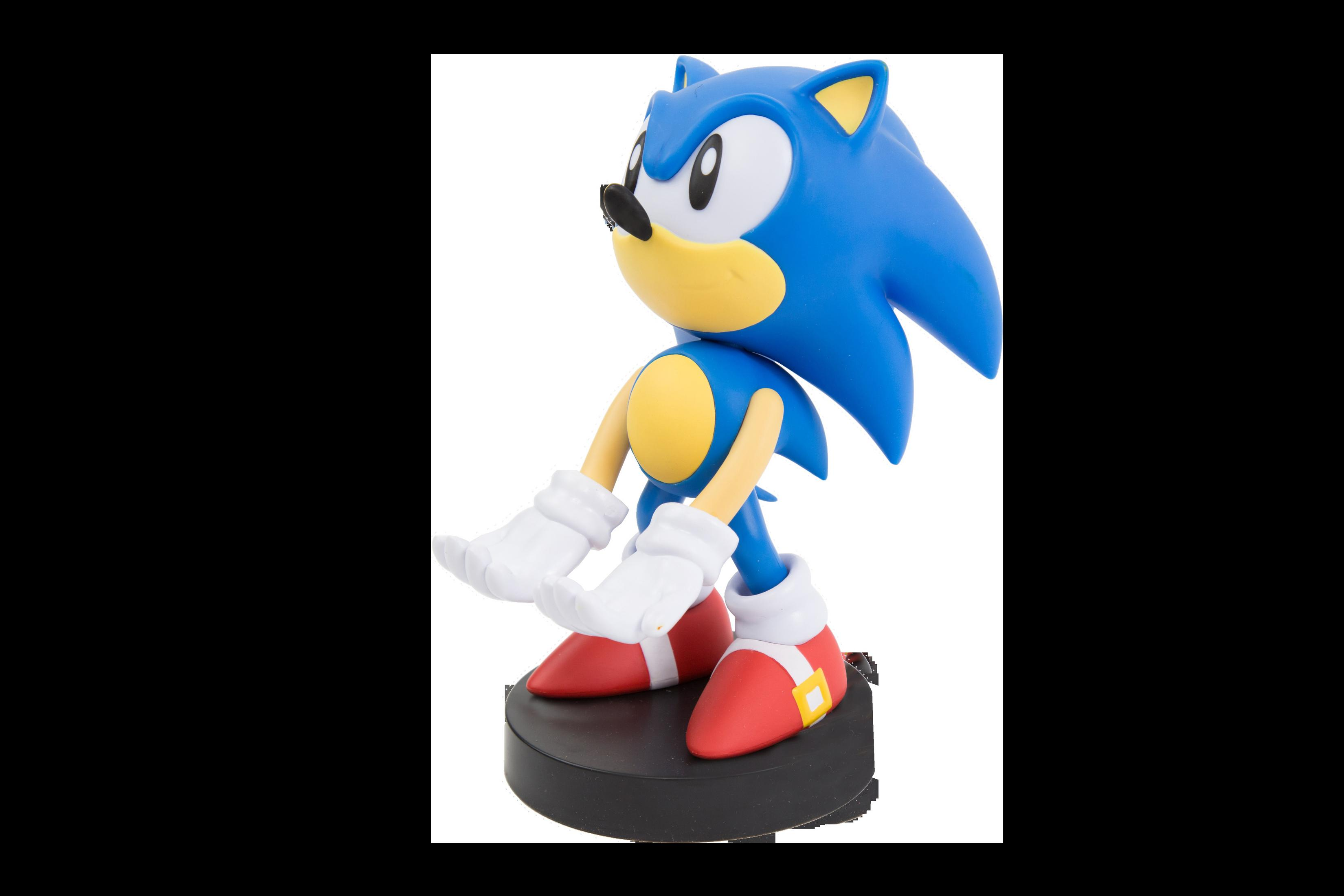 Una statuetta di Sonic the Hedgehog in posa dinamica, su base nera. Corpo blu, pancia gialla.