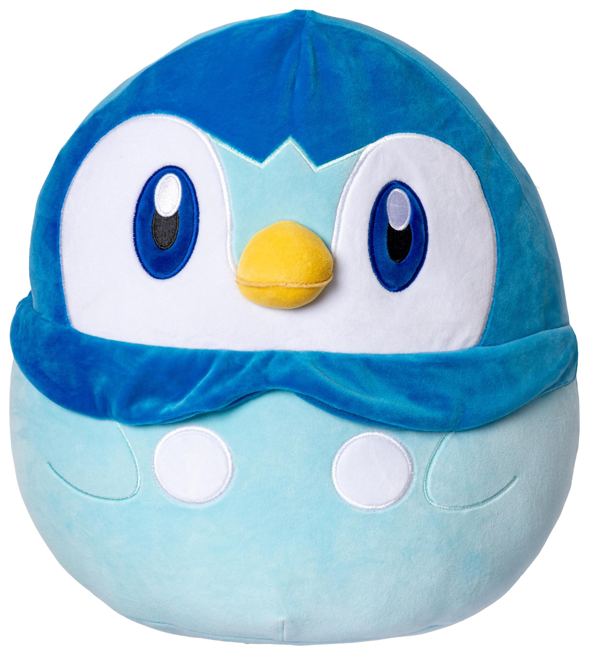 Blaues Piplup-Plüschtier. Es ist rund mit gelbem Schnabel und blauen Akzenten.