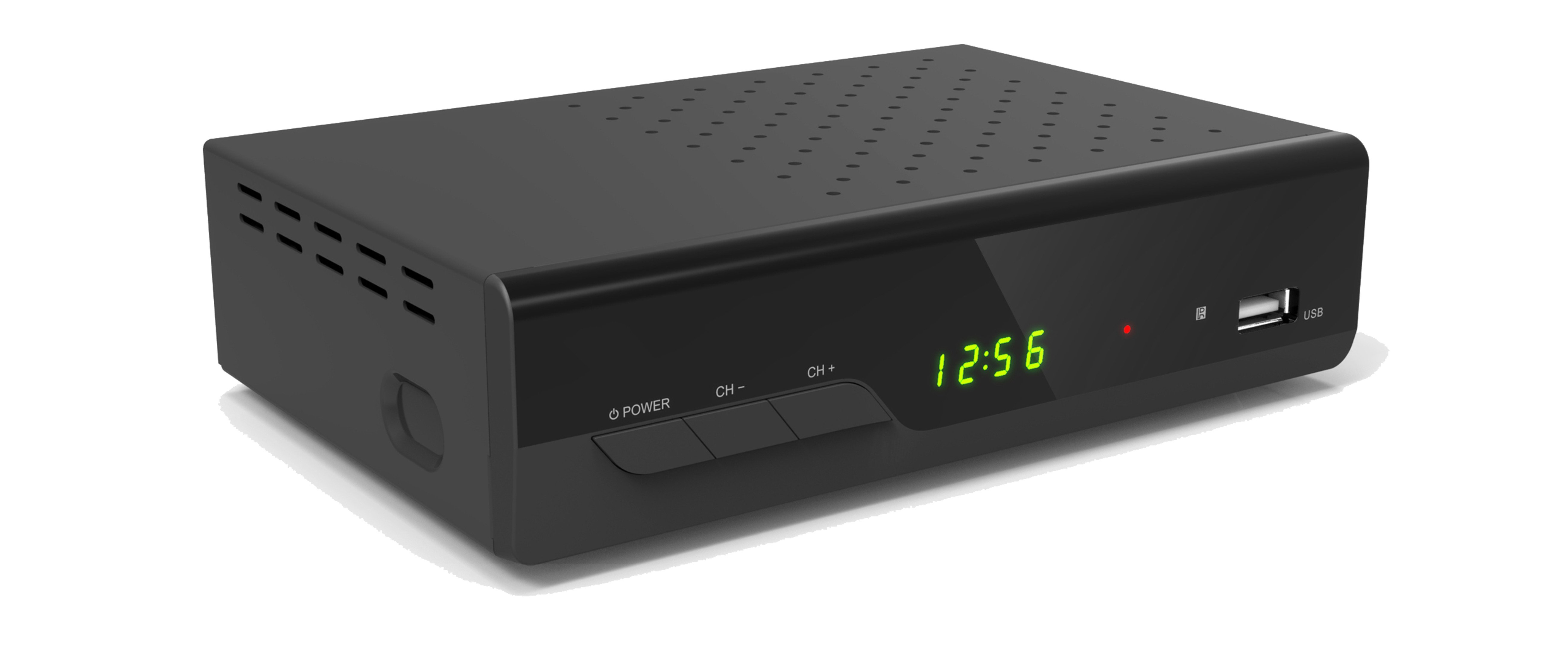 Schwarze Set-Top-Box mit Digitaluhr und USB-Anschluss.