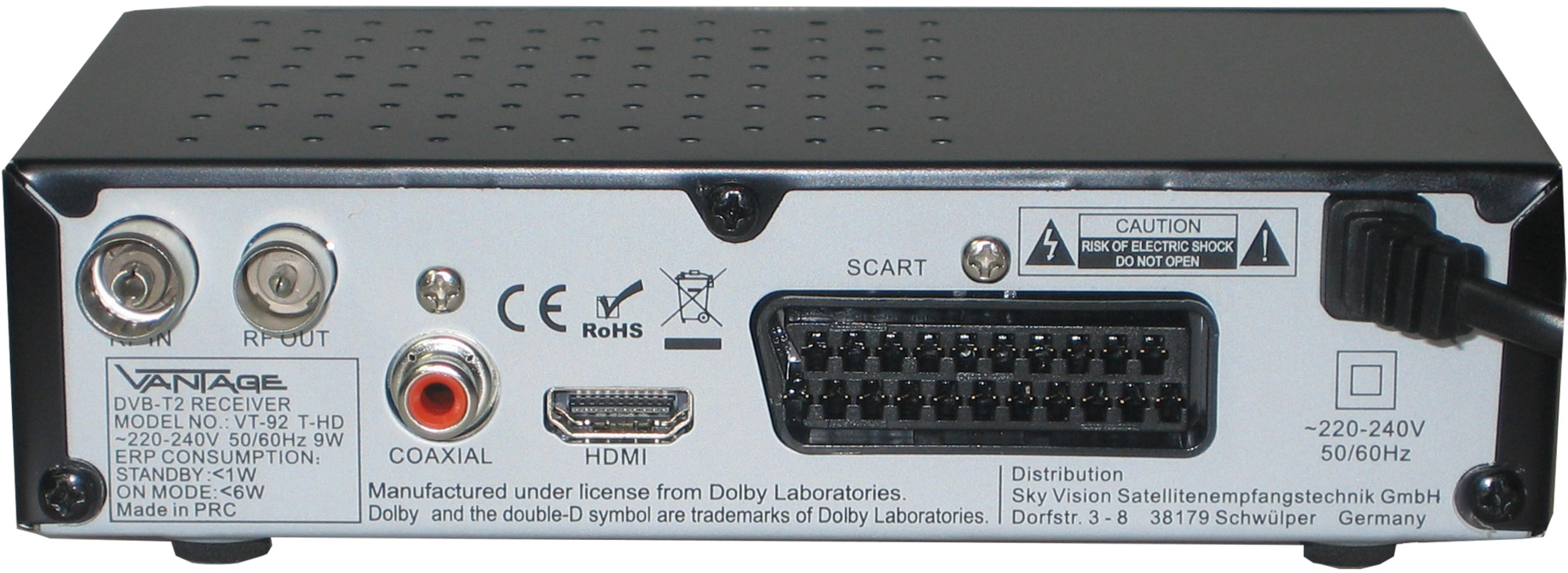 Rückseite eines schwarzen digitalen Receivers mit verschiedenen Anschlüssen und Verbindungen, Etiketten sichtbar.