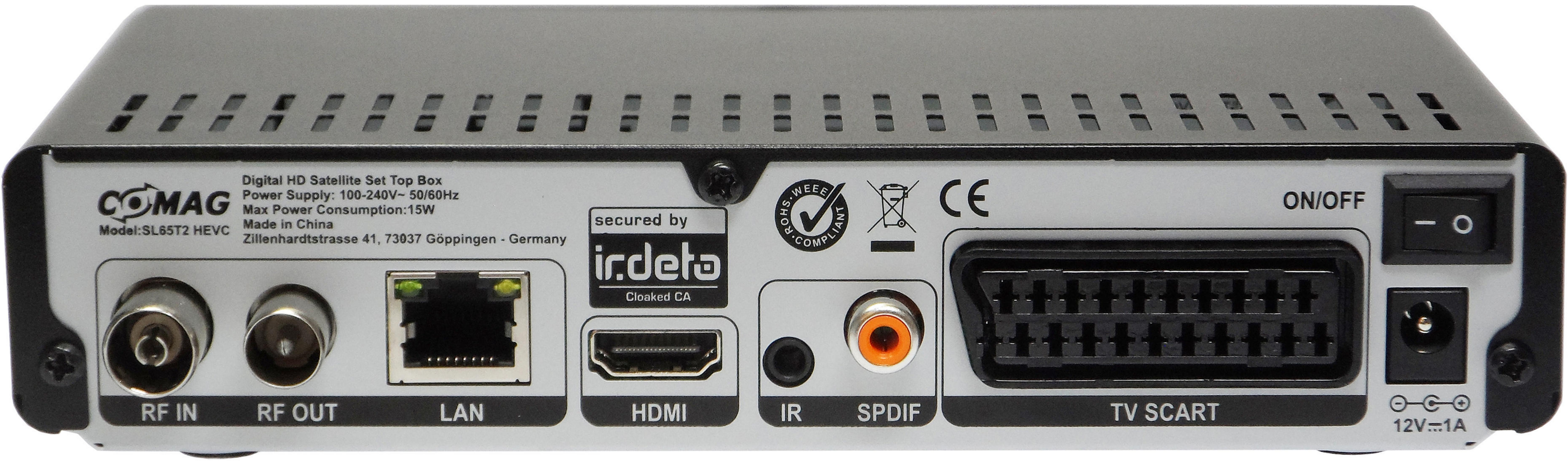 Rückansicht einer schwarzen Comag-Satellitenreceiver-Box mit Anschlüssen und Schalter.