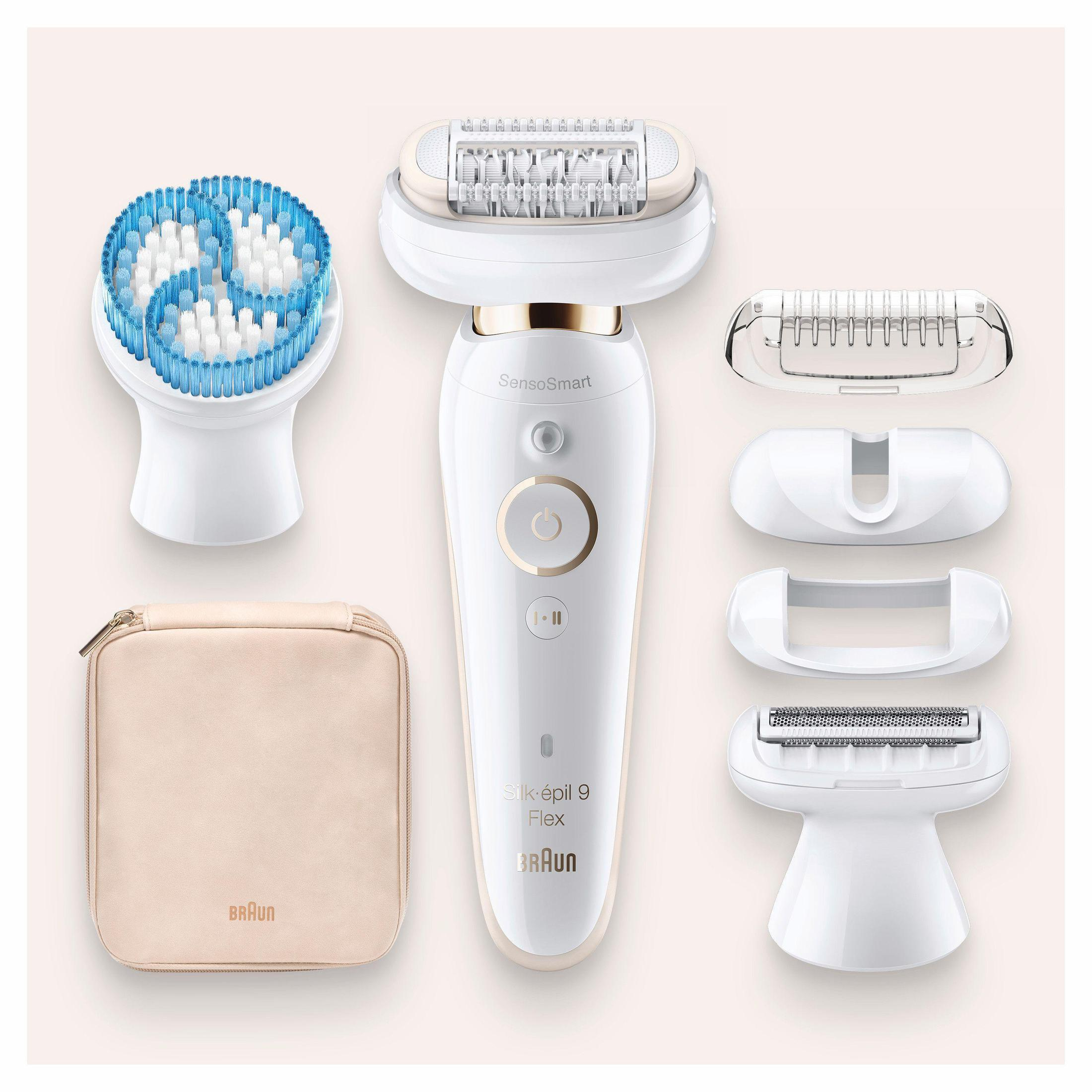 Biała, złota i kremowa golarka elektryczna z różnymi nasadkami.