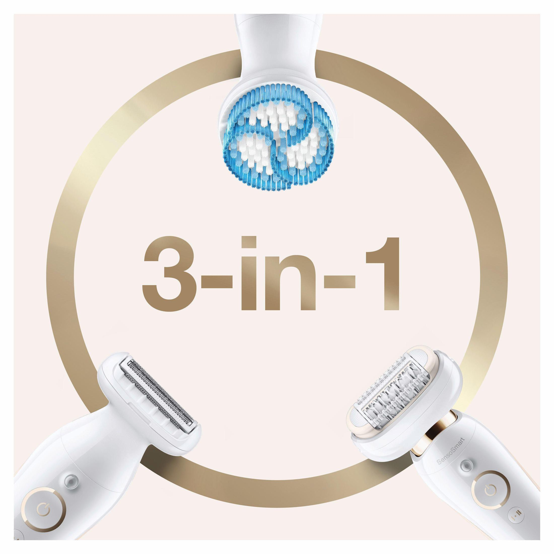 Urządzenie do pielęgnacji 3 w 1 z trzema różnymi głowicami. Dwie po bokach, a jedna z niebieskim włosiem u góry.
