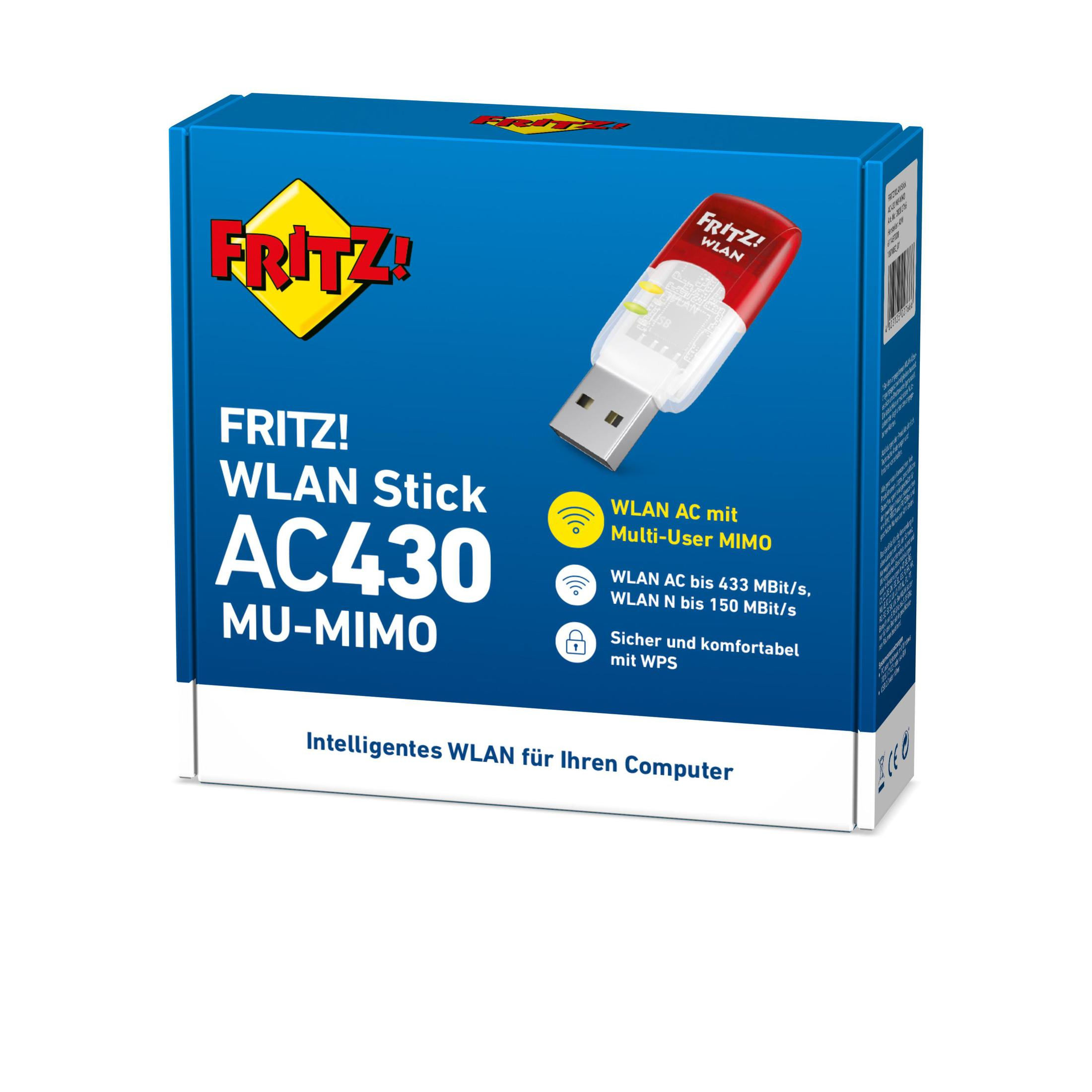 Scatola con stick WLAN. Il testo include 'WLAN Stick AC430 MU-MIMO' e funzionalità.