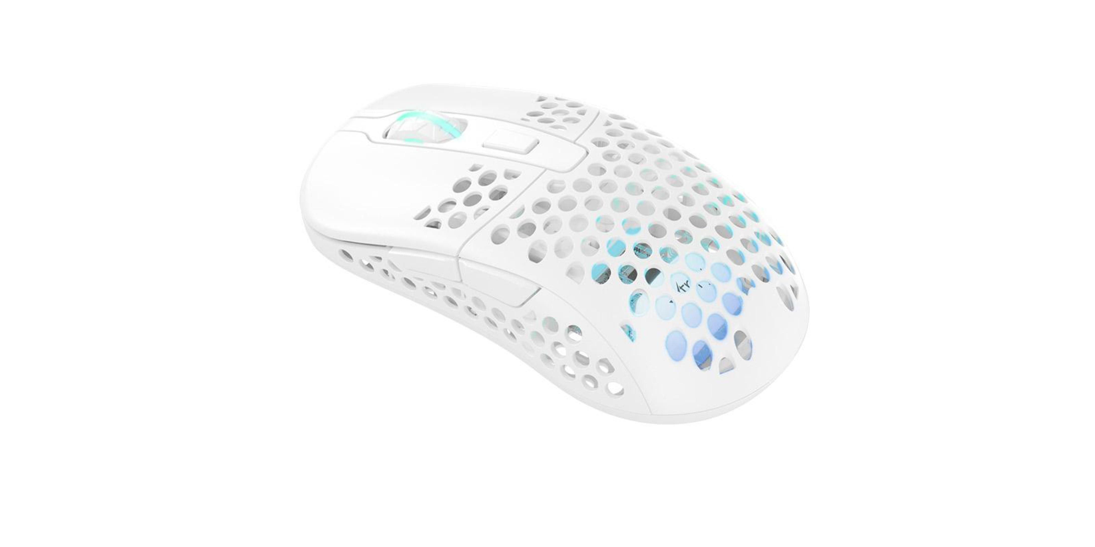 White gaming mouse with honeycomb design. It has buttons, a scroll wheel, and blue-green lighting.