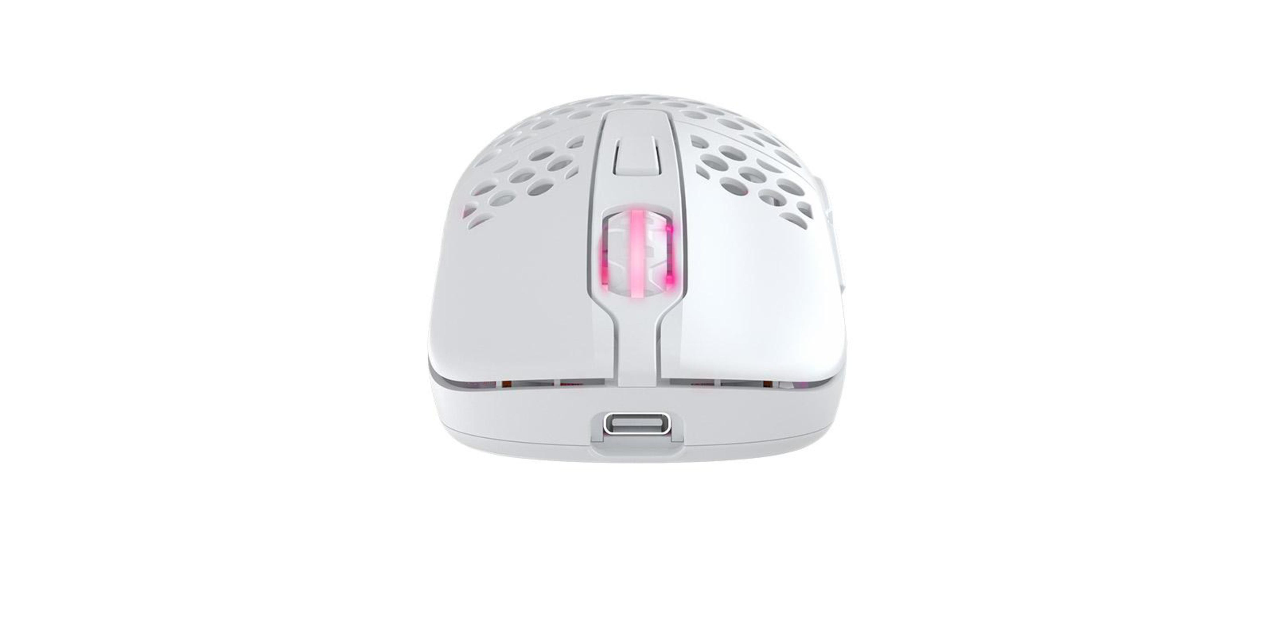 White gaming mouse with honeycomb design. Pink illuminated scroll wheel and USB-C port. White background.