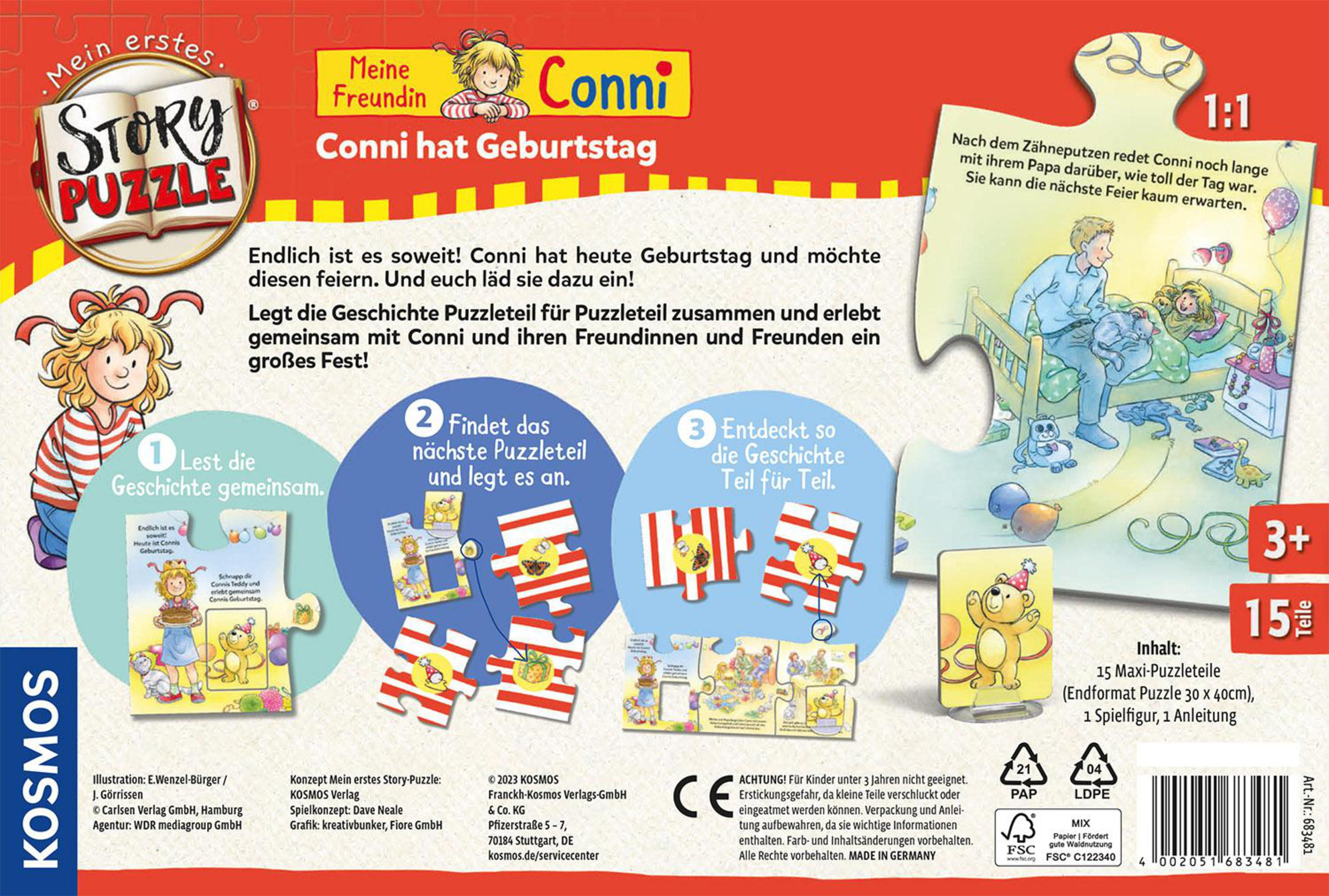 Die Rückseite einer Kinderpuzzleschachtel. Zeigt die Puzzleteile und die Geschichte eines Geburtstags.