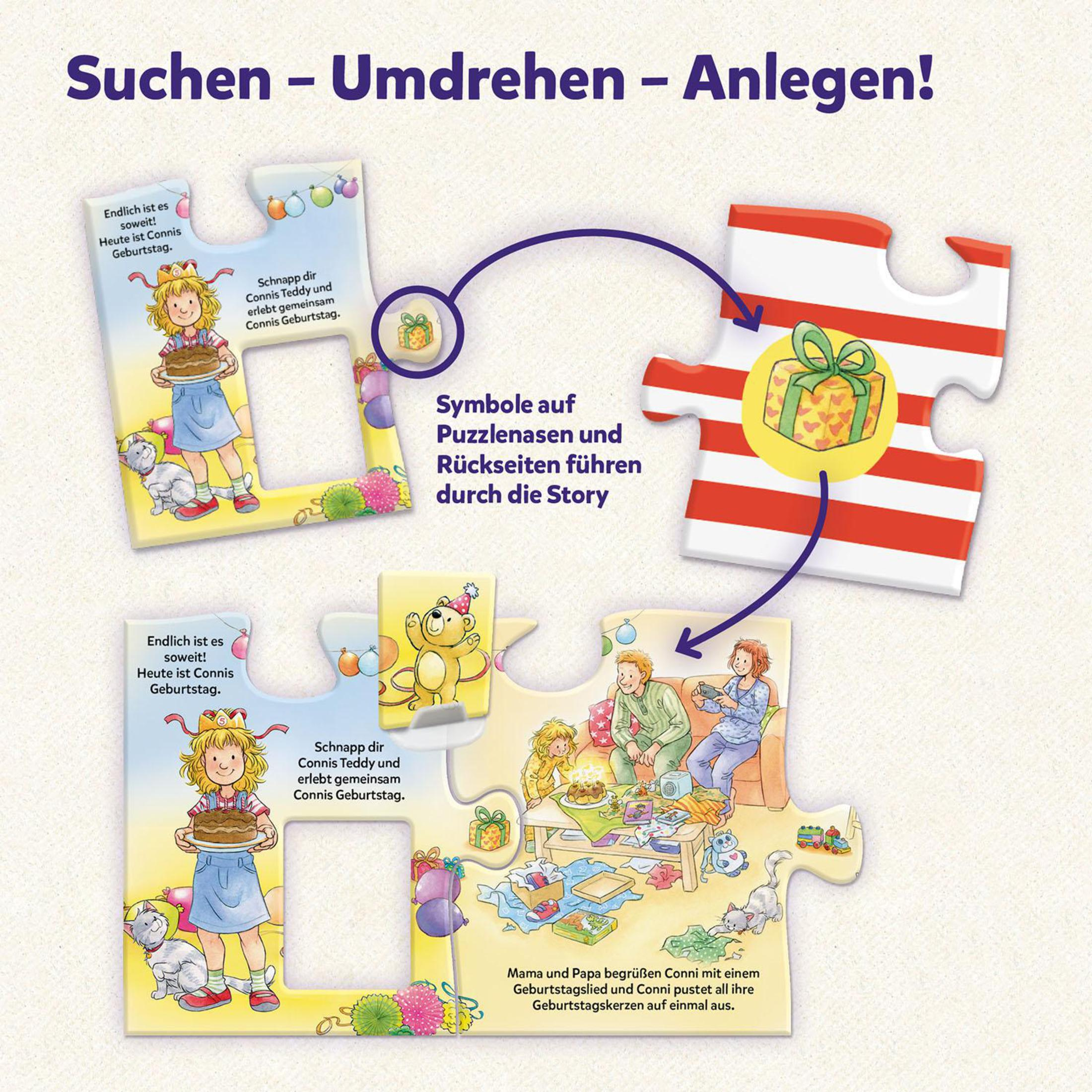 Puzzleteile mit deutschem Text und Illustrationen, die eine Geschichte anhand von Symbolen führen.