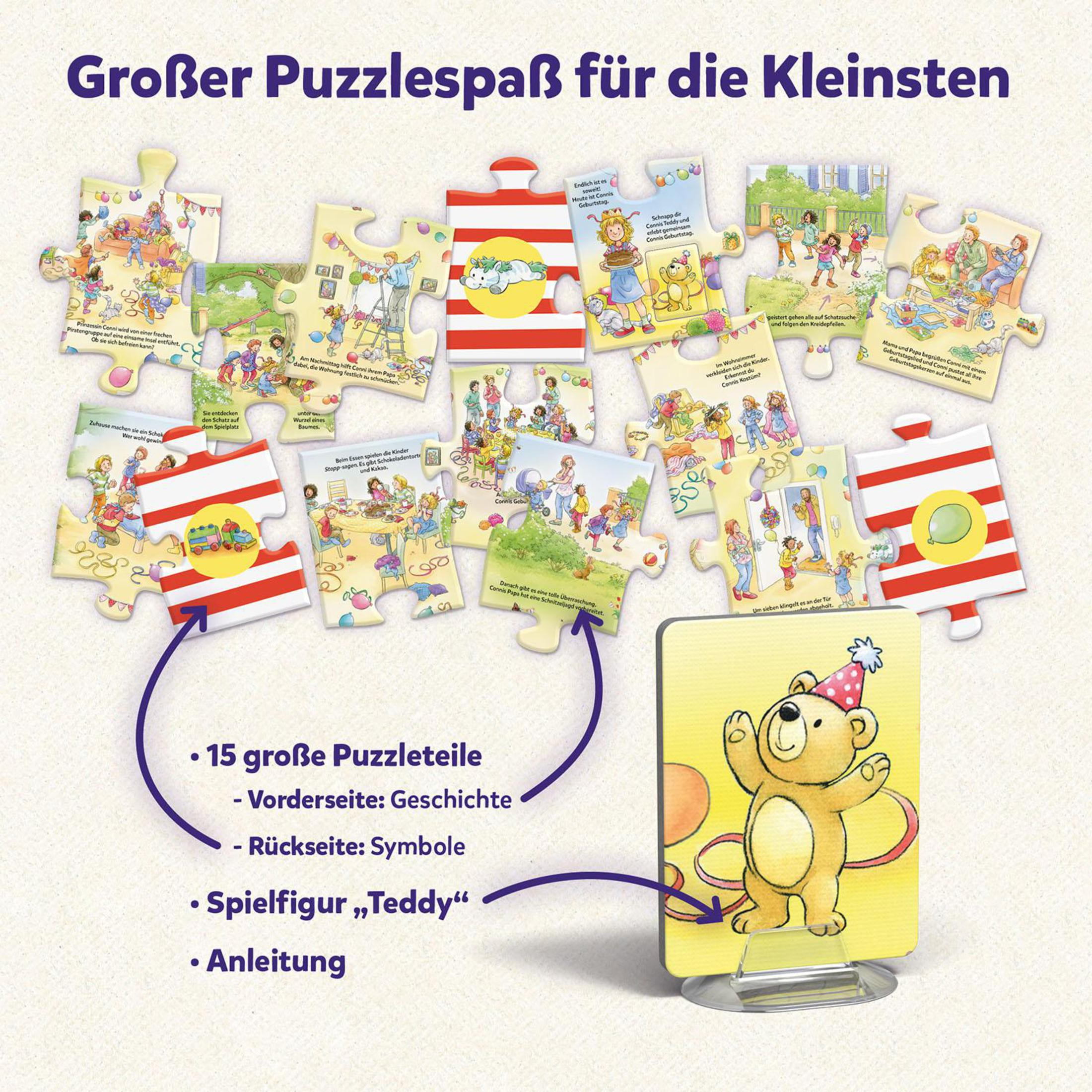 Puzzleteile mit Illustrationen, einem Teddybär und Text auf Deutsch.
