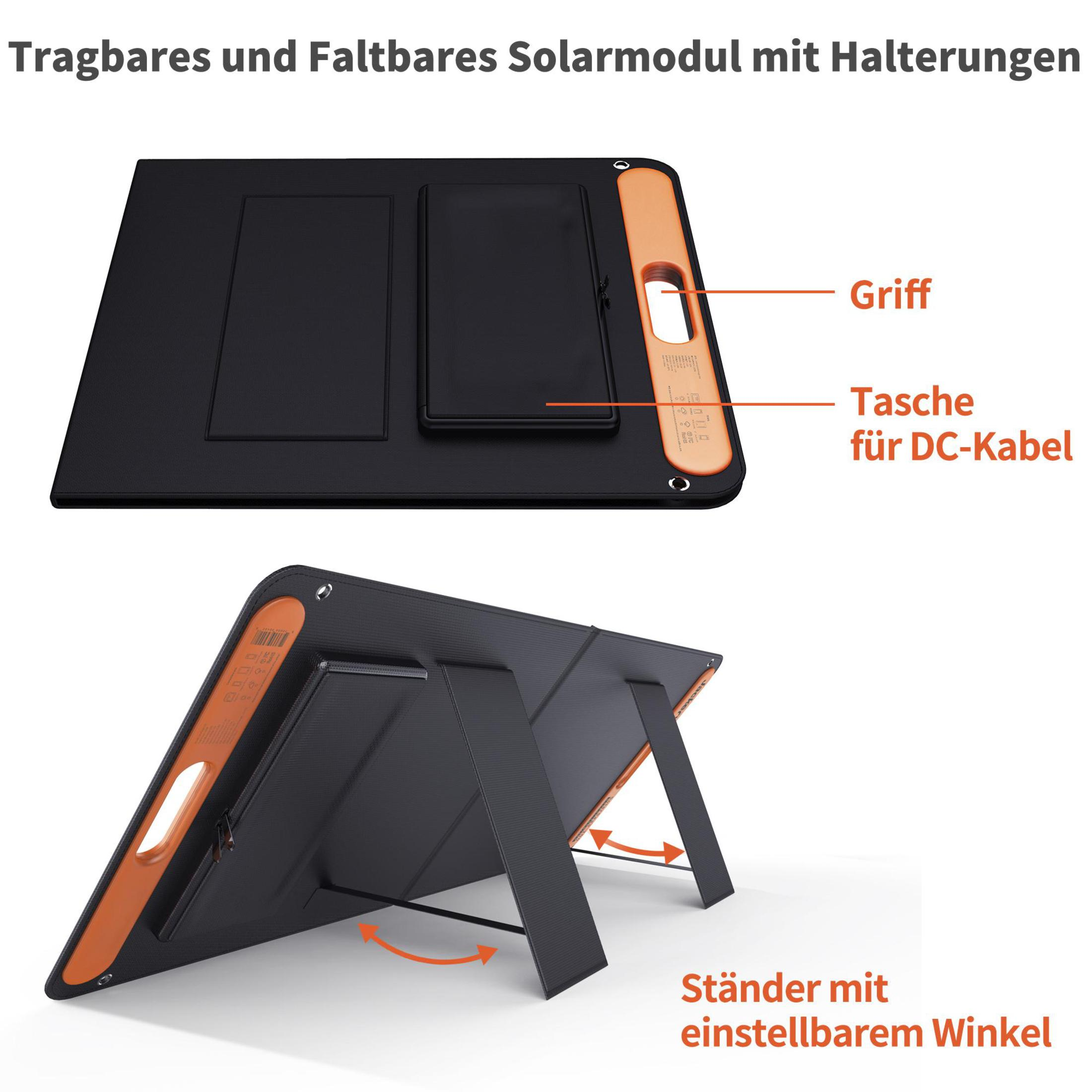 Opvouwbaar zonnepaneel met oranje accenten, gelabeld met handvat, zak voor DC-kabel en standaard.