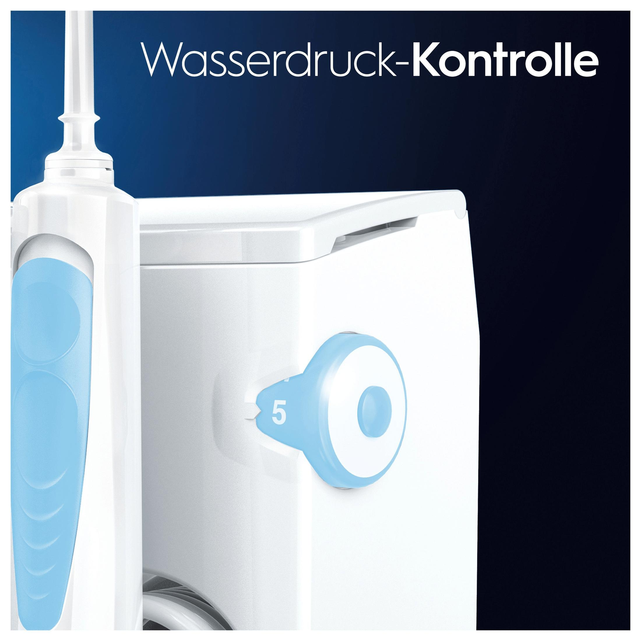 Irrigatore Oral-B, bianco con dettagli blu, quadrante di controllo con il numero 5, sfondo scuro.
