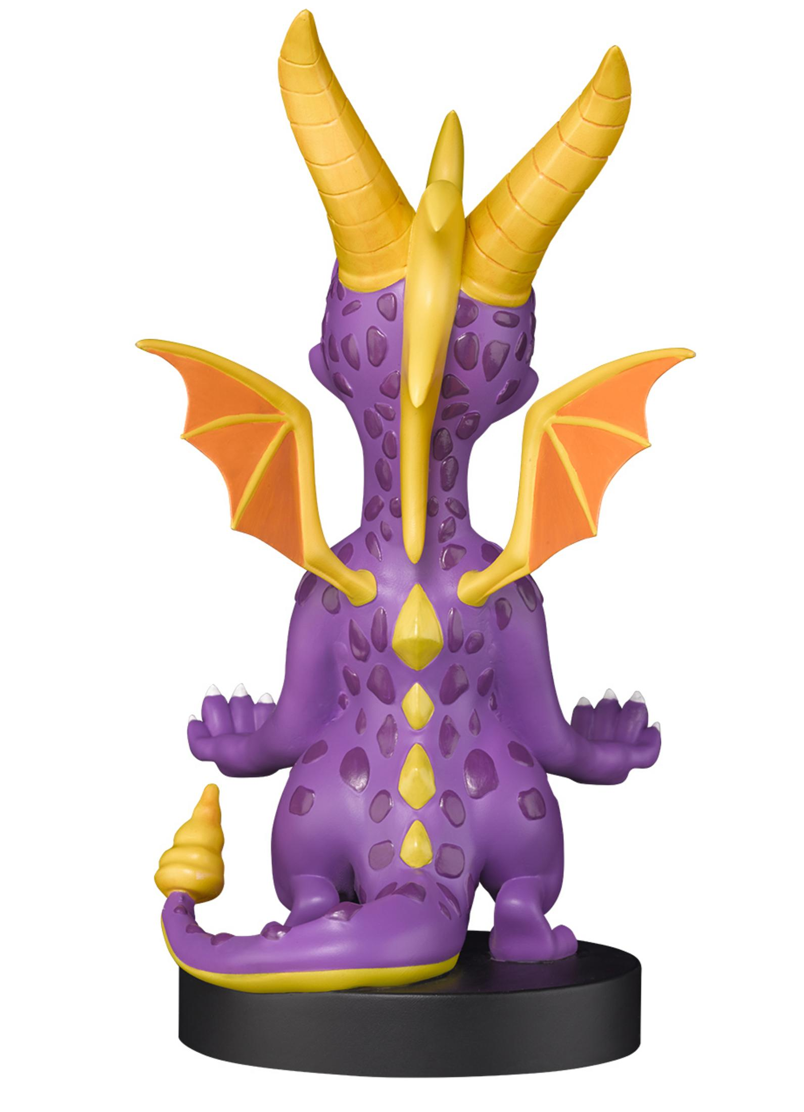 Statuetta di Spyro viola con corna gialle, ali arancioni e base nera su sfondo bianco.