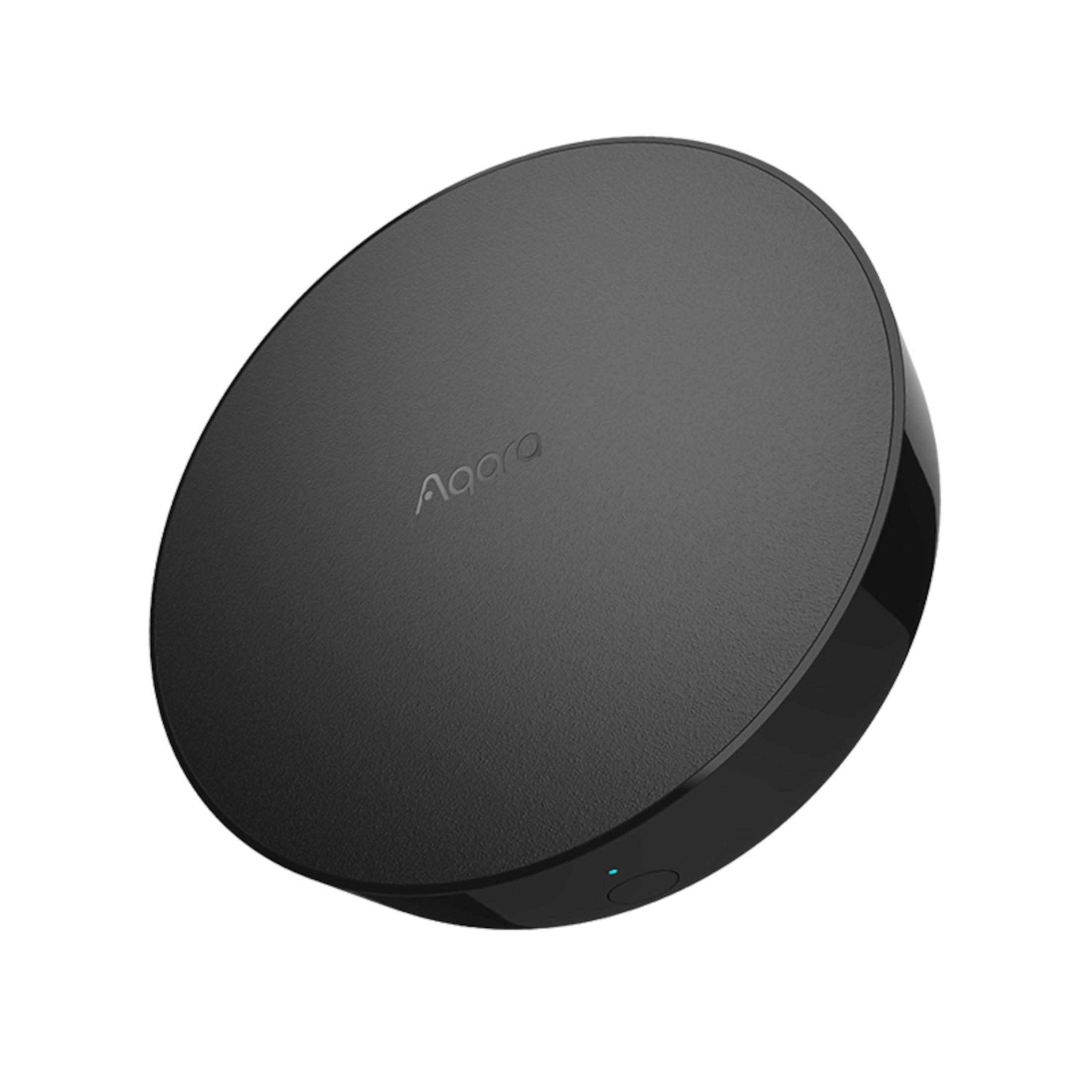 Dispositivo Aqara per casa intelligente, nero, rotondo, con luce blu tenue, vista angolata.