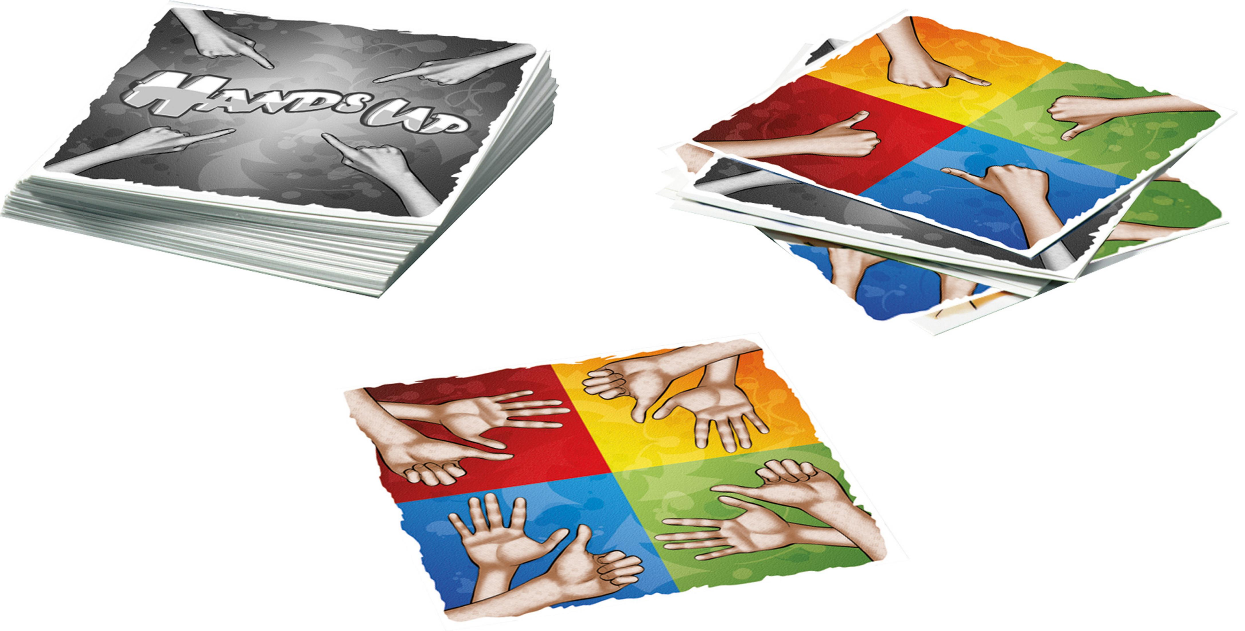 Hands Up-Spielkarten: ein Stapel und zwei Sets mit Händen in verschiedenen Positionen.