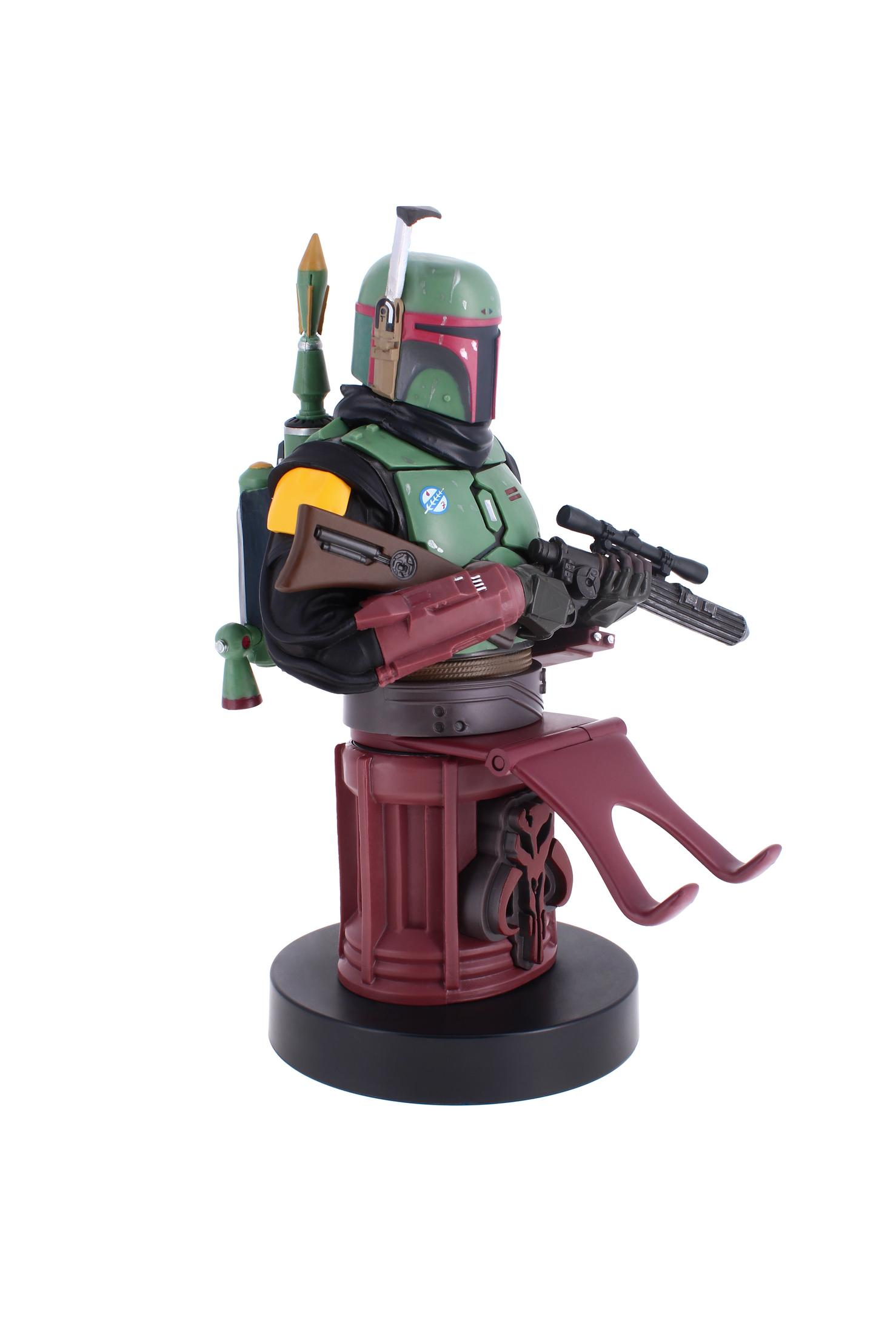 Figurina di Boba Fett, un personaggio di Star Wars, su una base nera. Sfondo bianco.